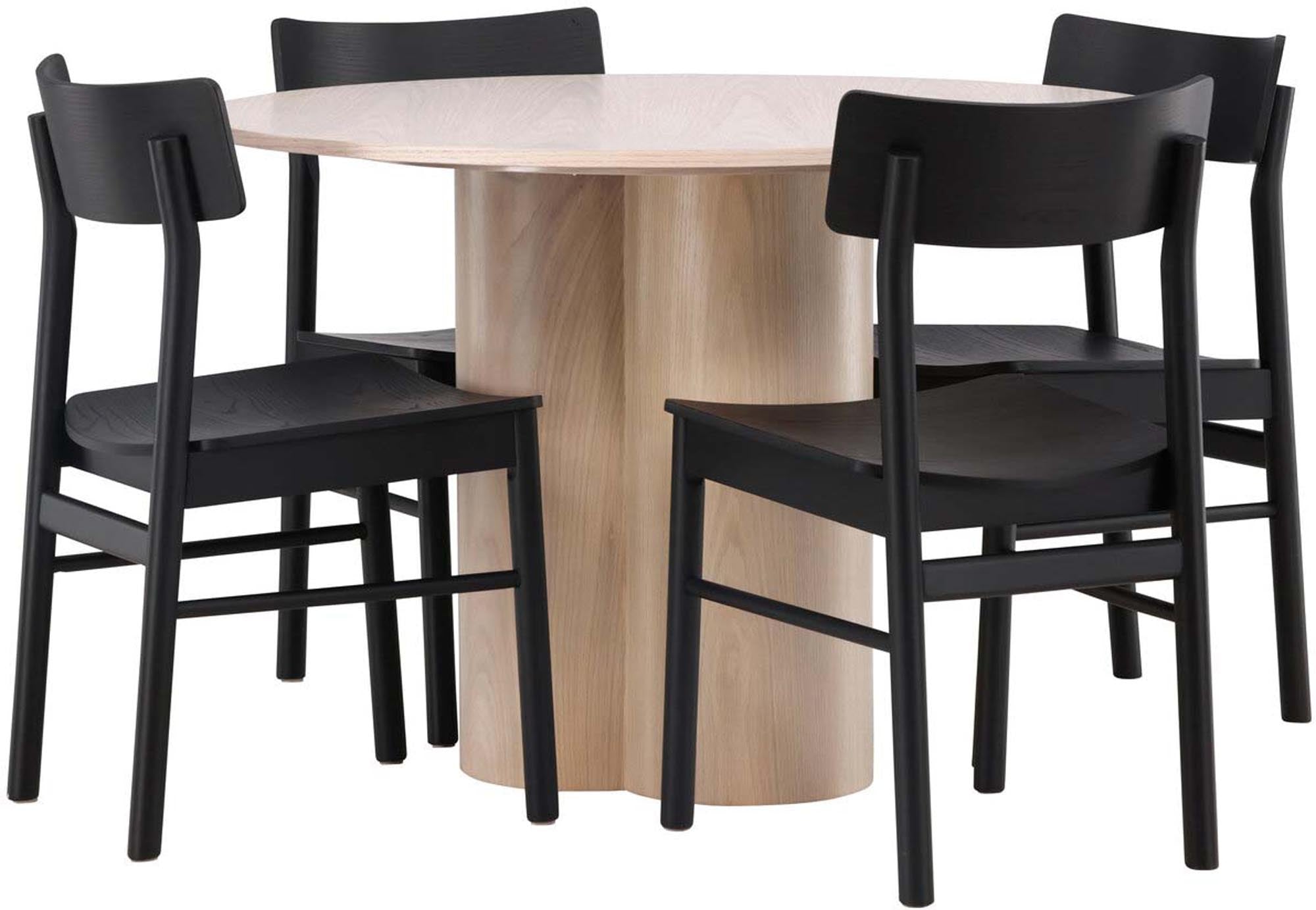 Stilvolles Olivia Esszimmer Set mit runder Tischplatte und 4 robusten Montros Stühlen. Perfekt für gesellige Runden und elegantes Ambiente.