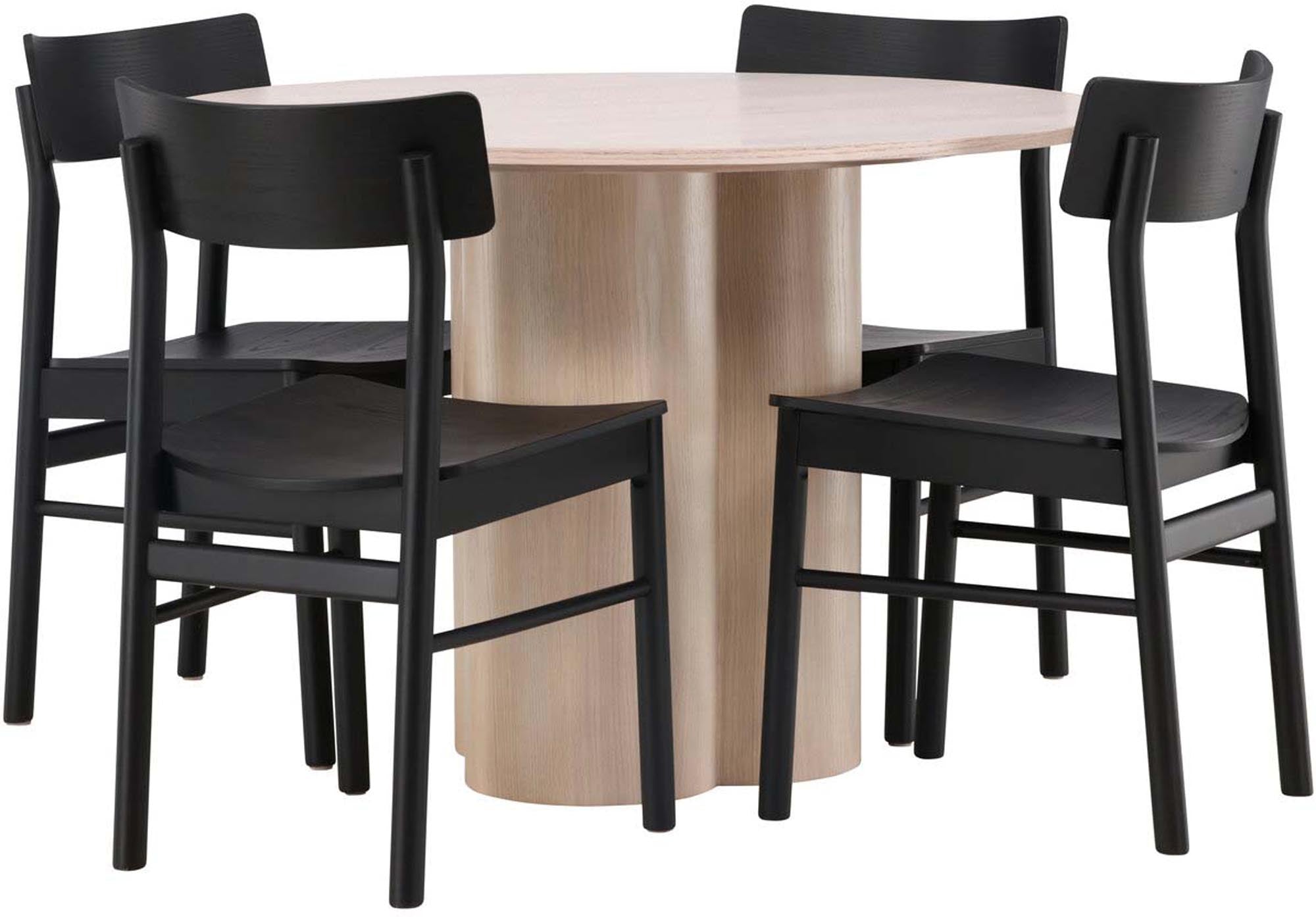 Stilvolles Olivia Esszimmer Set mit runden 110 cm Tisch und 4 robusten Montros Stühlen. Perfekt für gesellige Runden und modernes Wohnen.