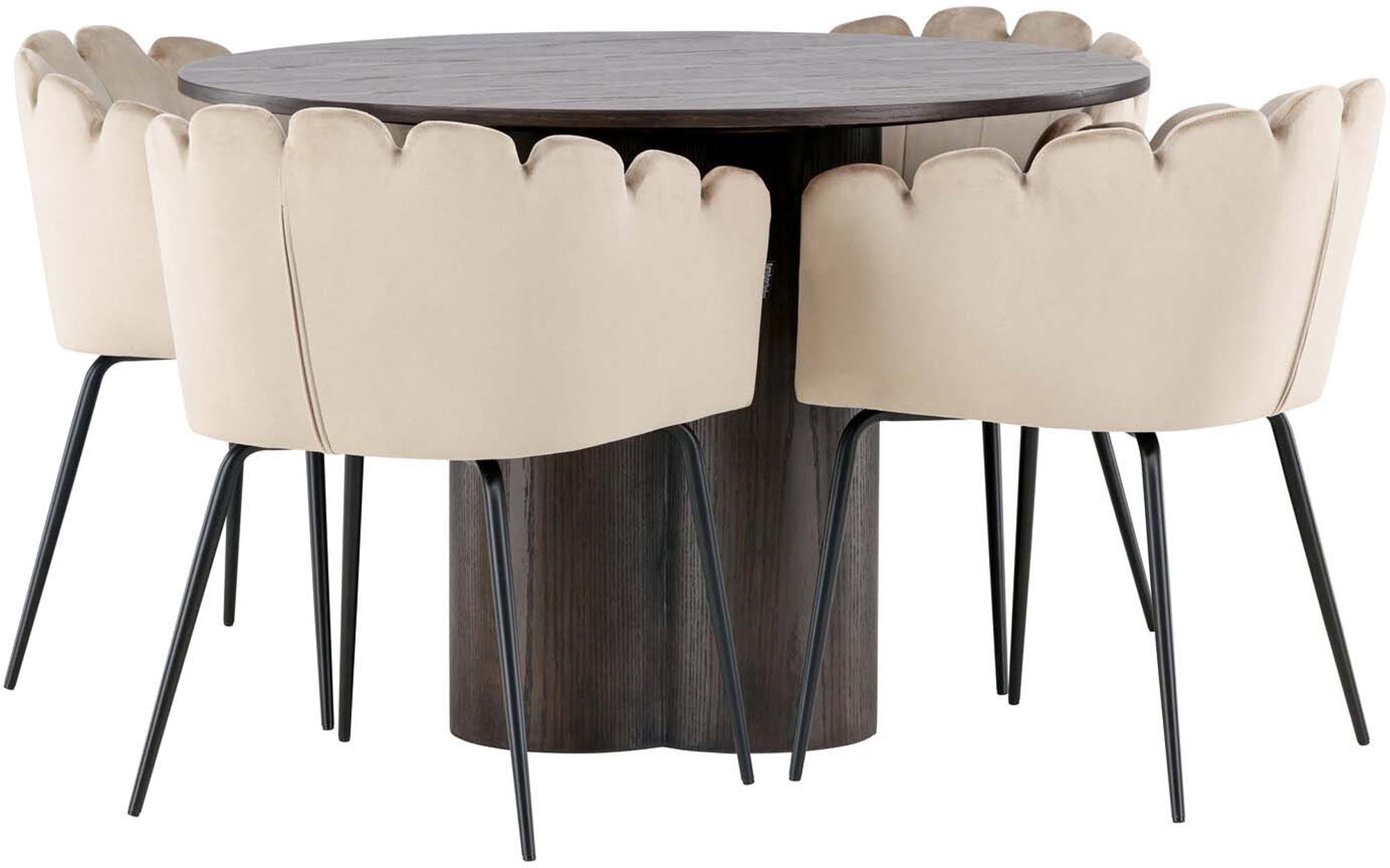 Entdecken Sie das stilvolle Olivia Esszimmer Set + Limhamn von Venture Home: runder Tisch und 4 luxuriöse Stühle für gesellige Momente.