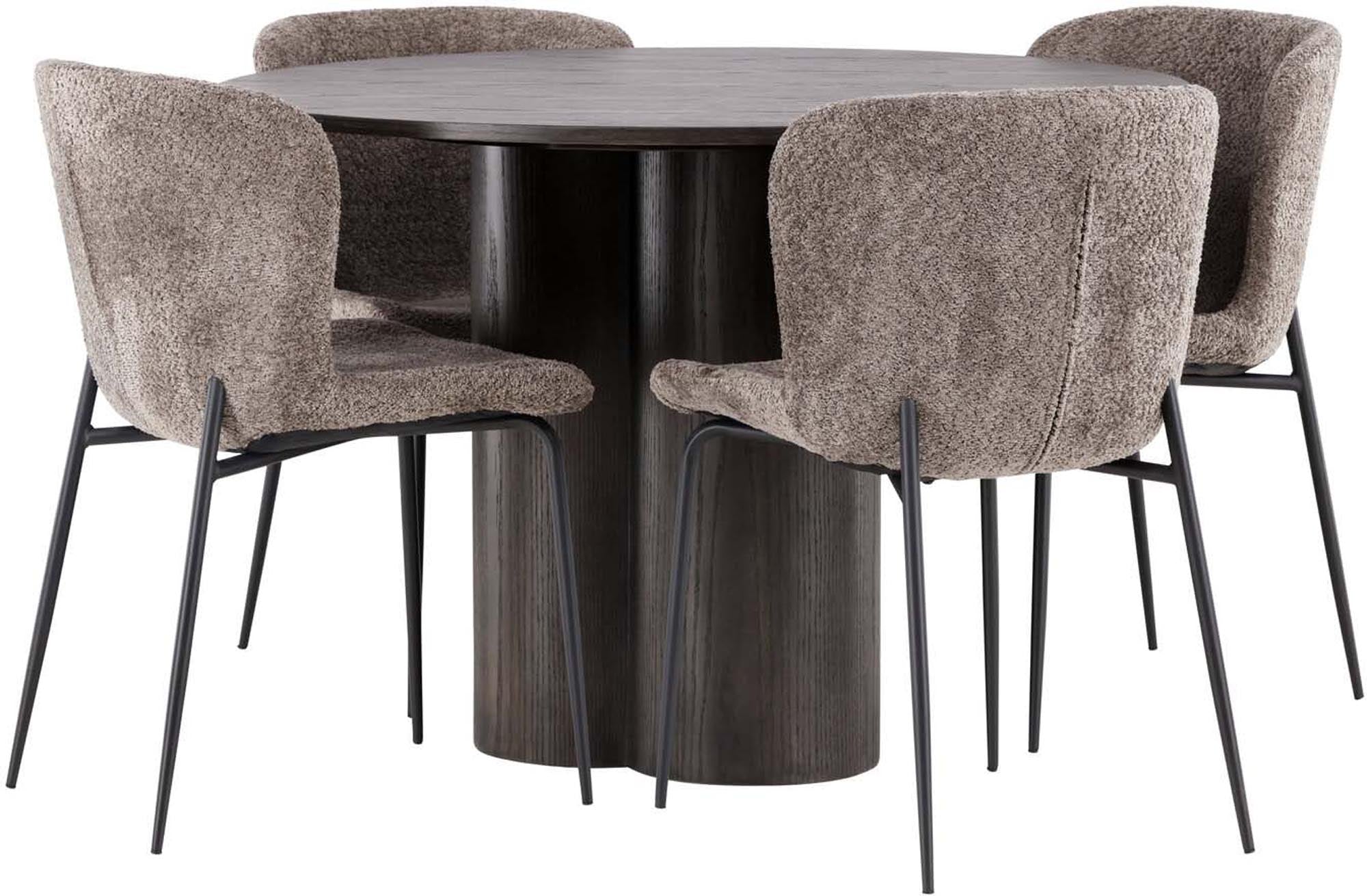 Stilvolles Olivia Esszimmer Set mit runder Tischplatte und 4 komfortablen Stühlen. Perfekt für gesellige Runden und zeitgemäßes Design.