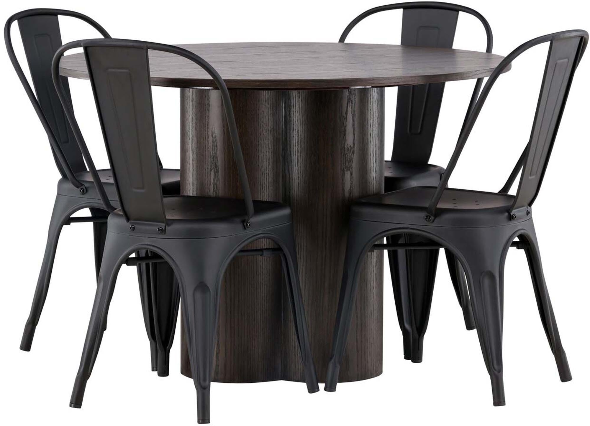Stilvolles Esszimmer Set Olivia mit runder Tischplatte (⌀110cm) und 4 komfortablen Tempe-Stühlen aus robustem Metall und warmem Holz.