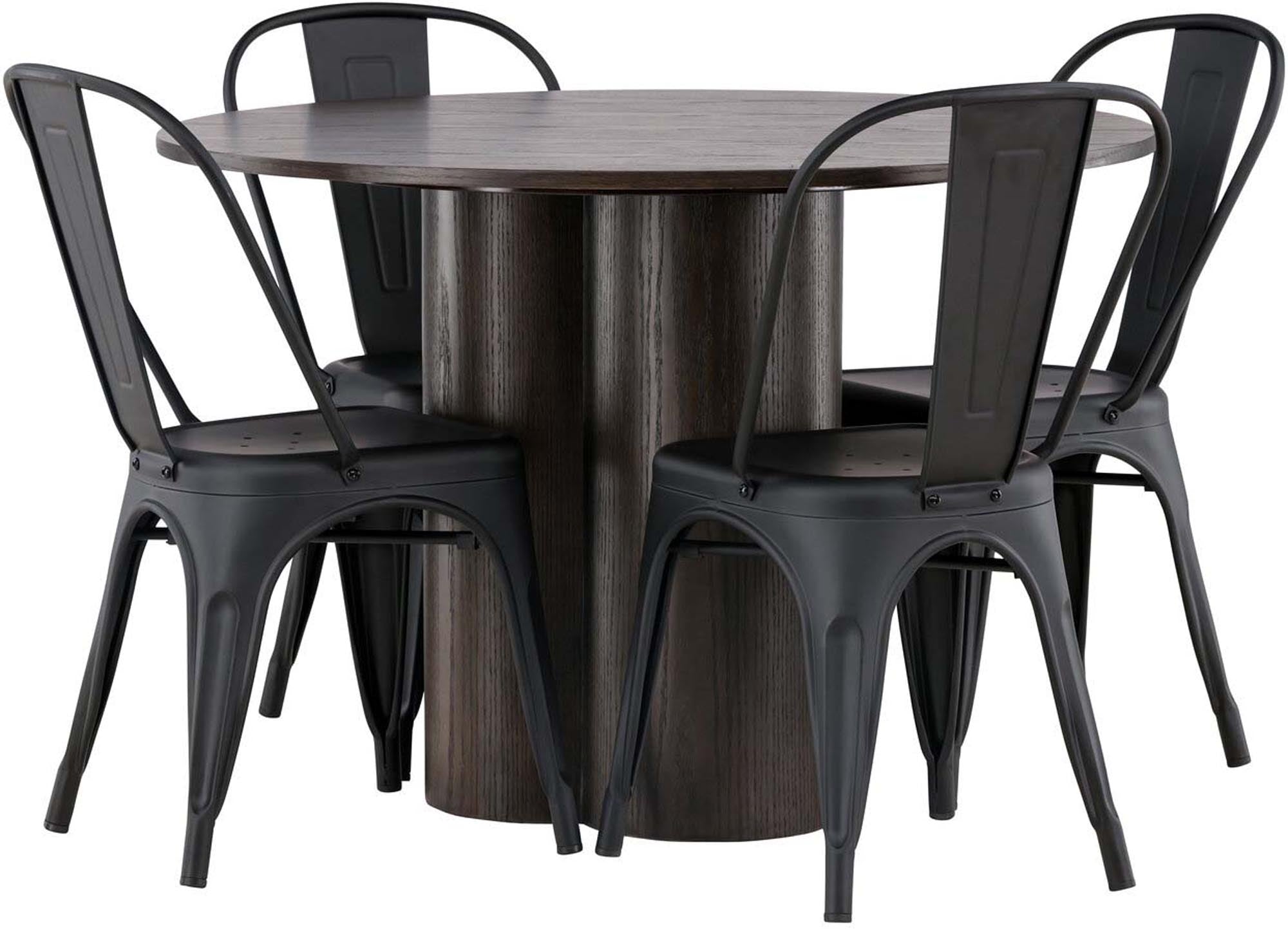 Modernes Esszimmer Set Olivia mit elegantem runden Tisch (⌀110cm) und 4 ergonomischen Tempe-Stühlen aus hochwertigem Metall und warmem Holz.