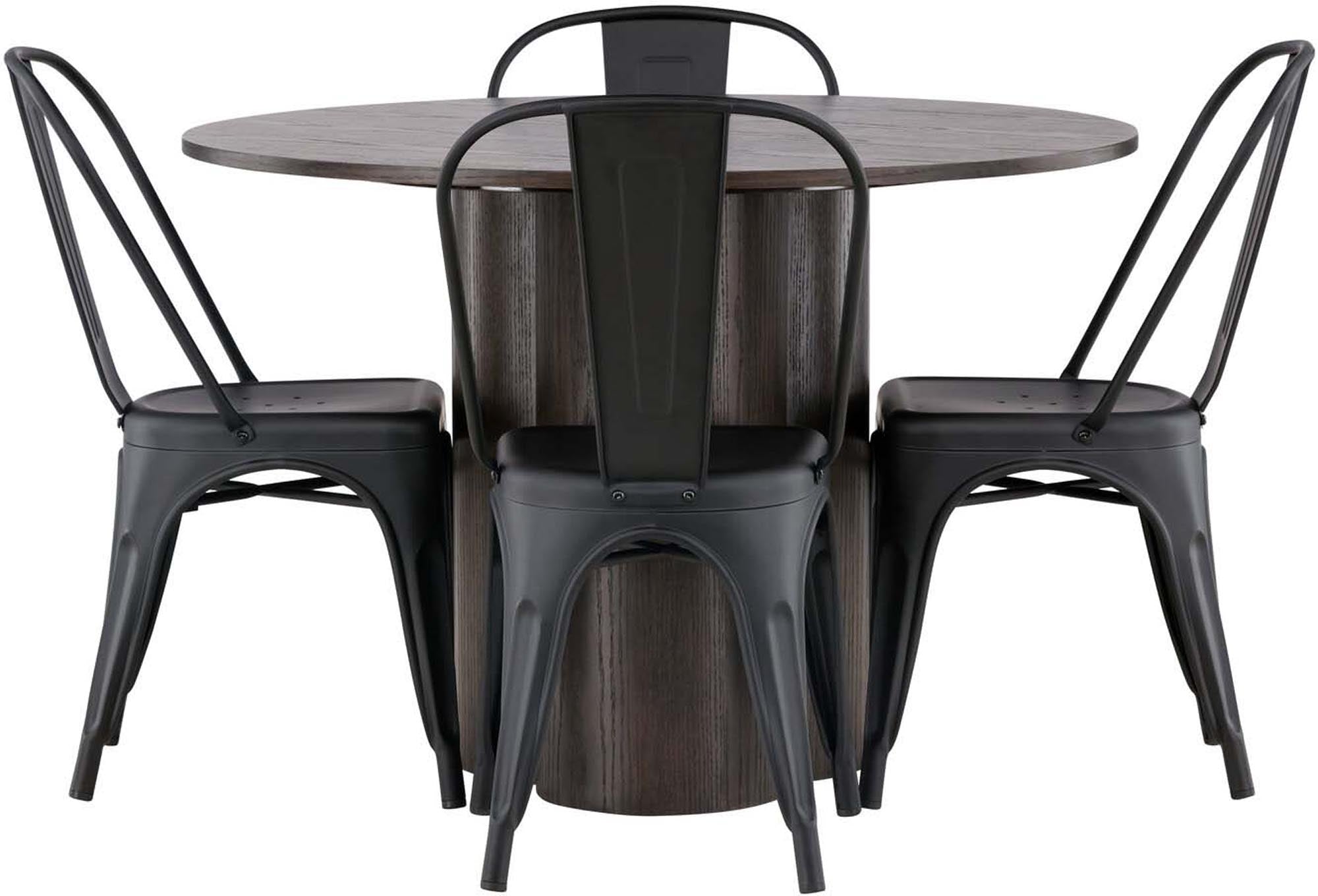 Stilvolles Esszimmer Set Olivia mit runder Tischplatte (⌀110cm) und 4 komfortablen Tempe-Stühlen aus robustem Metall und edlem Holz für ein modernes Ambiente.
