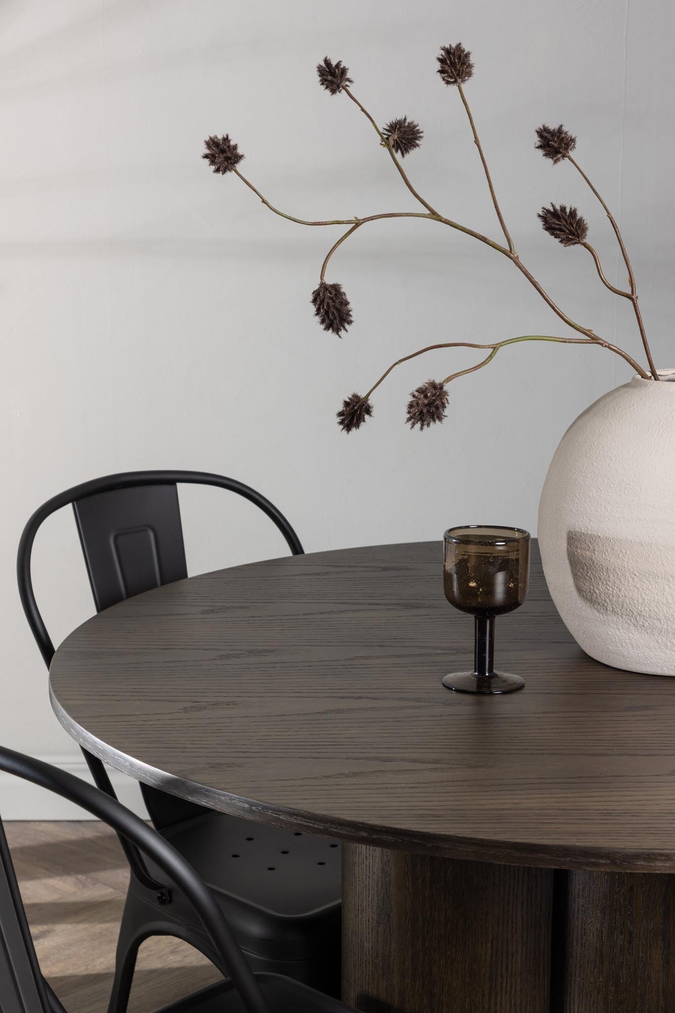 Modernes Esszimmer Set Olivia mit elegantem runden Tisch (⌀110cm) und 4 ergonomischen Tempe-Stühlen aus hochwertigem Metall und Holz.