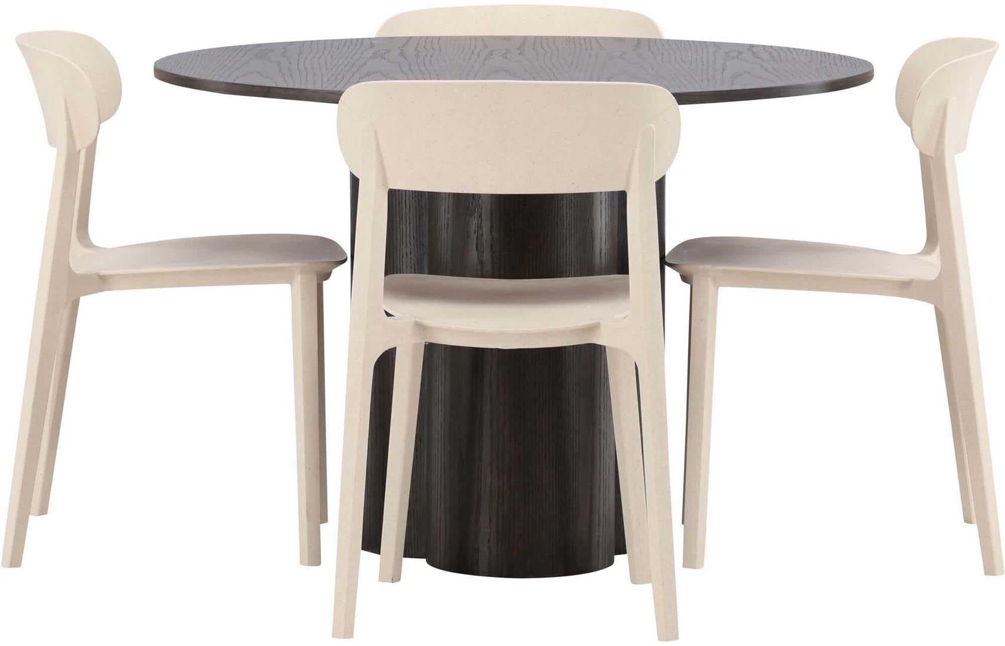 Stilvolles Olivia Esszimmer Set mit runden 110 cm Tisch und 4 eleganten Åstol Stühlen. Perfekt für gesellige Abende und nordisches Flair.