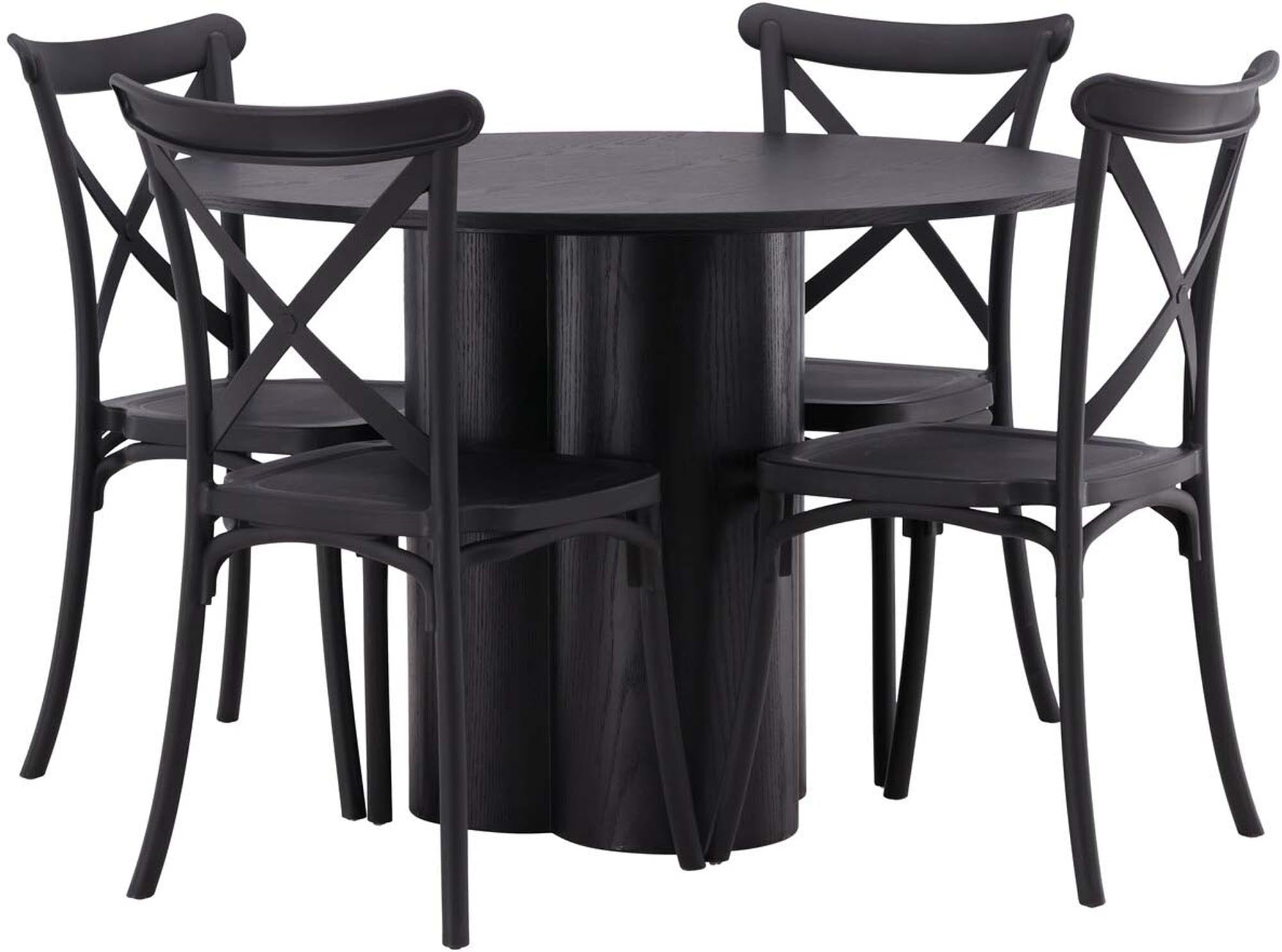 Elegantes Olivia Esszimmer Set: runder Tisch aus schwarzem MDF, 4 komfortable Crosett-Stühle, stilvoll und funktional.