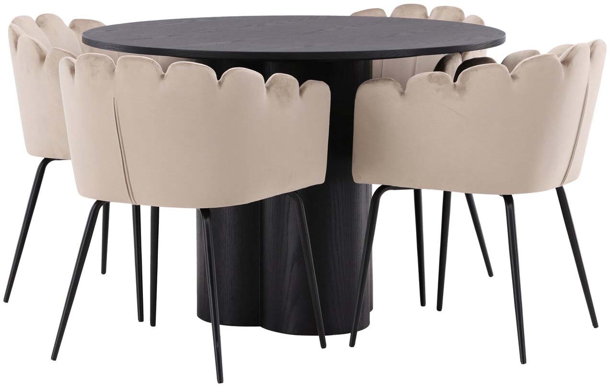 Elegantes Olivia Esszimmer Set mit 110 cm Tisch und 4 luxuriösen Limhamn Stühlen aus beigem Samt für stilvolle Esszimmer.