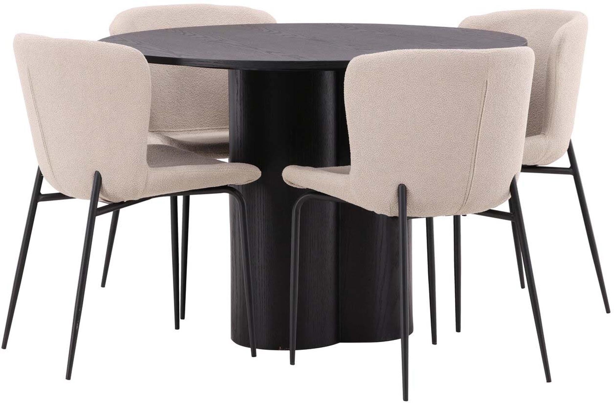 Stilvolles Olivia Esszimmer Set: Runde Tischplatte aus schwarzem MDF (⌀110cm) mit stabilen Stahlbeinen und 4 eleganten Montros-Stühlen. Perfekt für gesellige Runden!