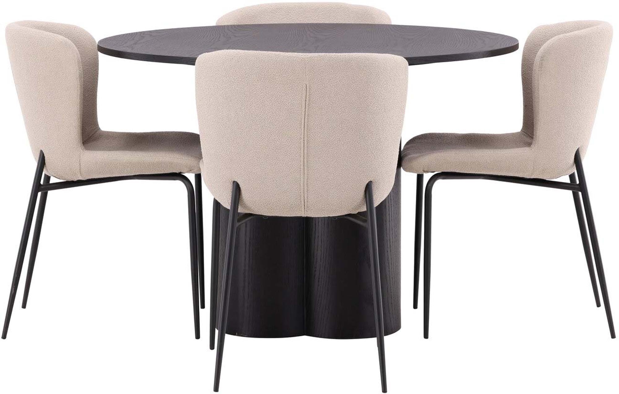 Elegantes Olivia Esszimmer Set mit runder MDF-Tischplatte (⌀110cm) und stabilen Stahlbeinen. Inklusive 4 stilvollen Montros-Stühlen für einladende Essmomente.