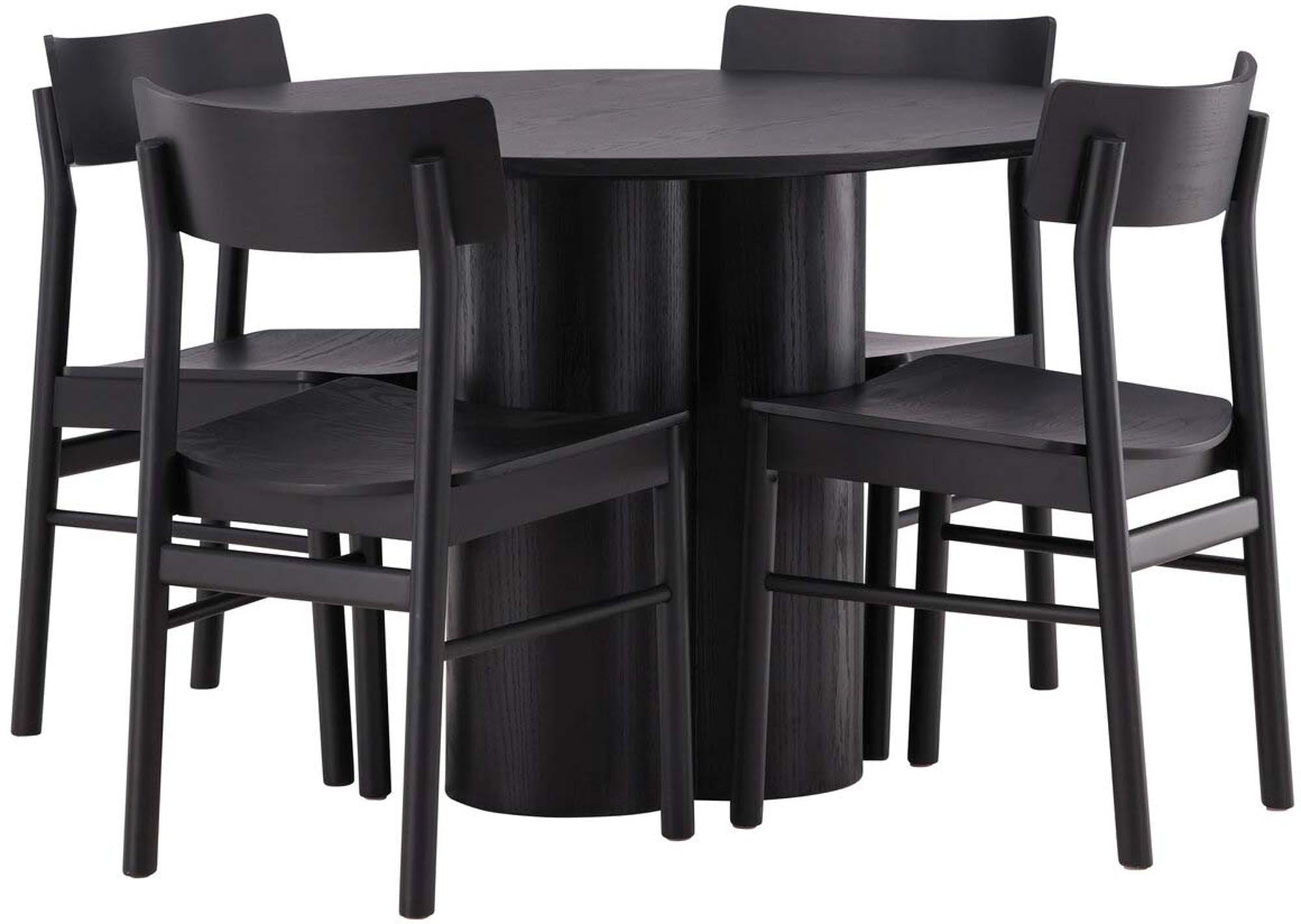 Elegantes Olivia Esszimmer Set von Venture Home: Schwarzer MDF-Tisch (⌀110cm) & 4 robuste Montros Stühle aus Birkenholz.