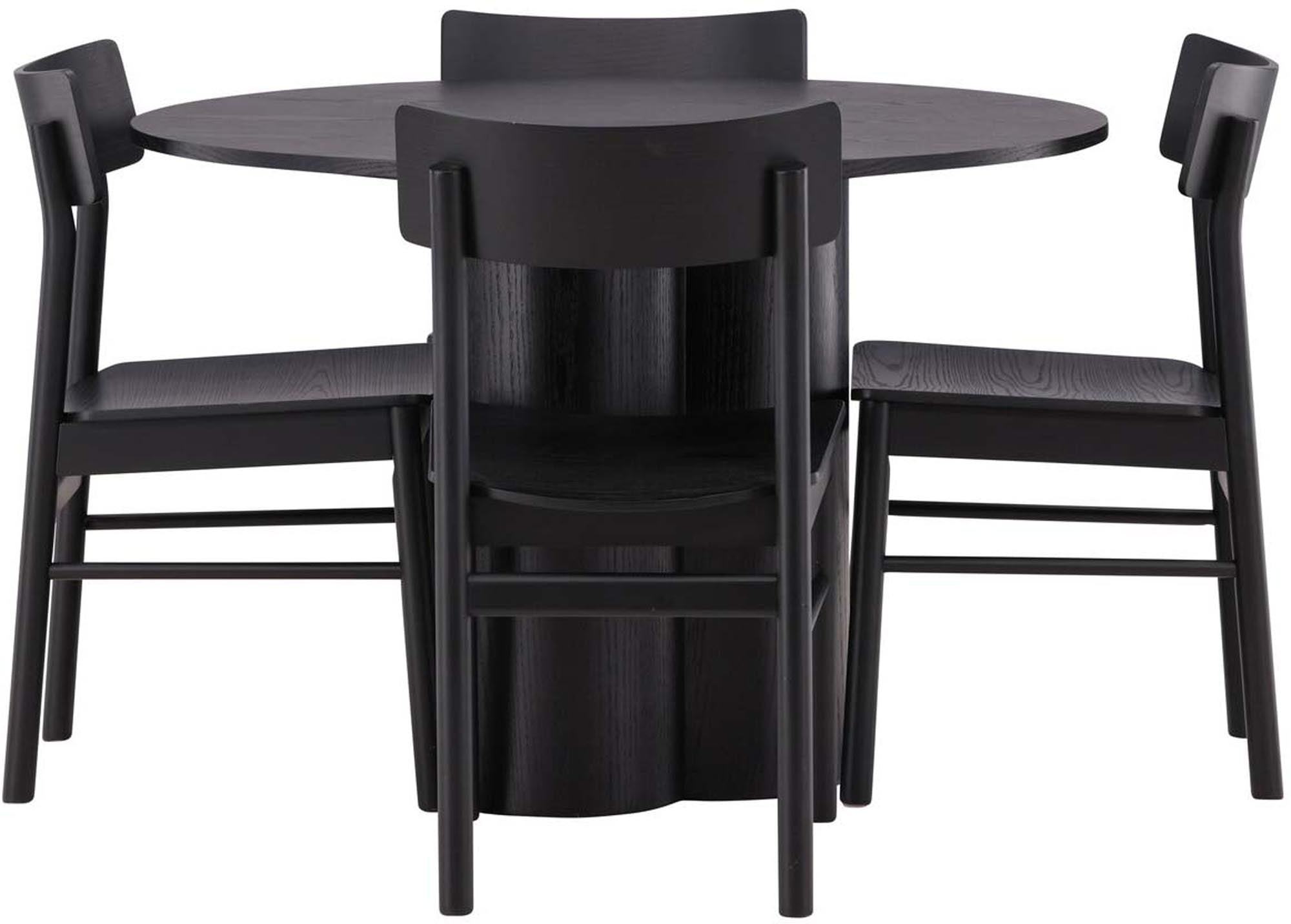 Elegantes Olivia Esszimmer Set von Venture Home: Schwarzer MDF-Tisch (⌀110cm) & 4 robuste Montros Stühle aus Birkenholz.