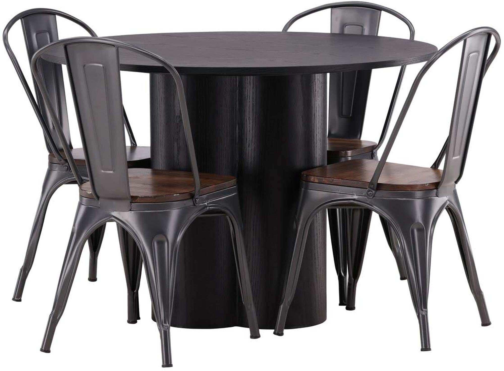 Modernes Esszimmer Set Olivia: Eleganter Tisch mit pflegeleichter MDF-Oberfläche, stabile Stahlbeine und ergonomische Tempe-Stühle aus Holz und Metall.