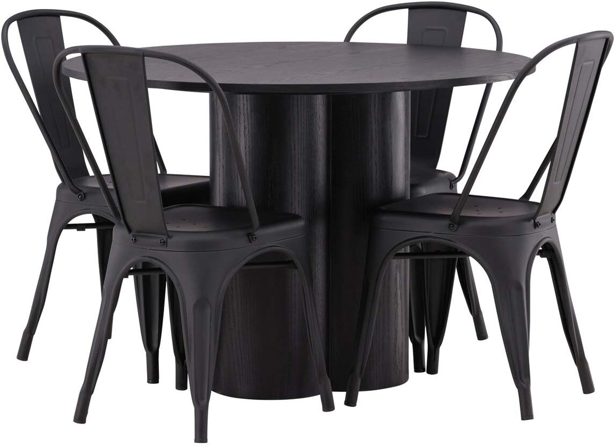 Modernes Olivia Esszimmer Set: Skandinavischer Tisch mit schwarzem MDF, stabile Stahlbeine, Tempe-Stühle aus Metall und Holz.