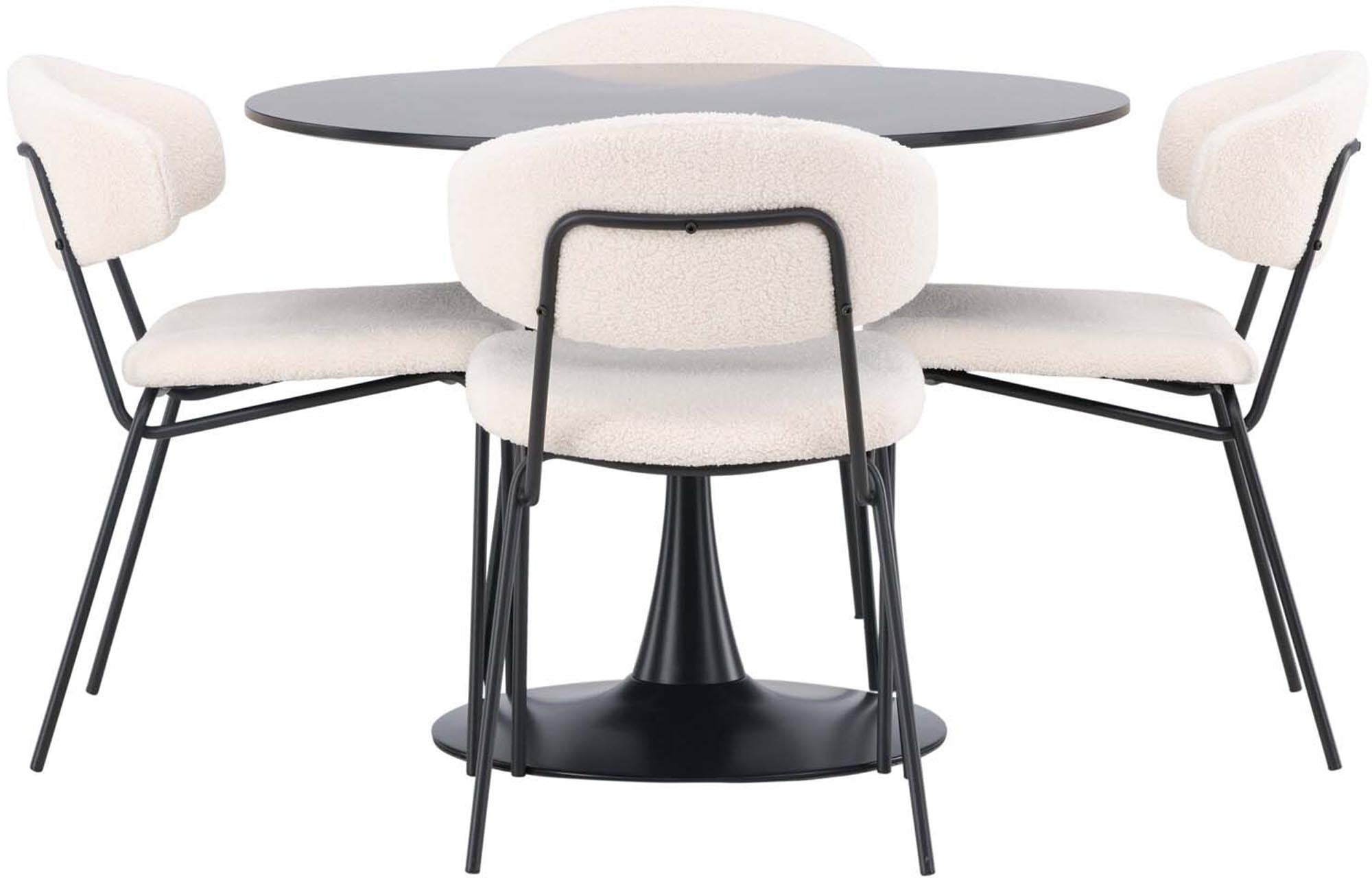 Modernes Esszimmerset mit skandinavischem Design: Tisch mit schwarzem Trompetenfuss, 4 Bouclé-Stühle, komfortabel und stilvoll.