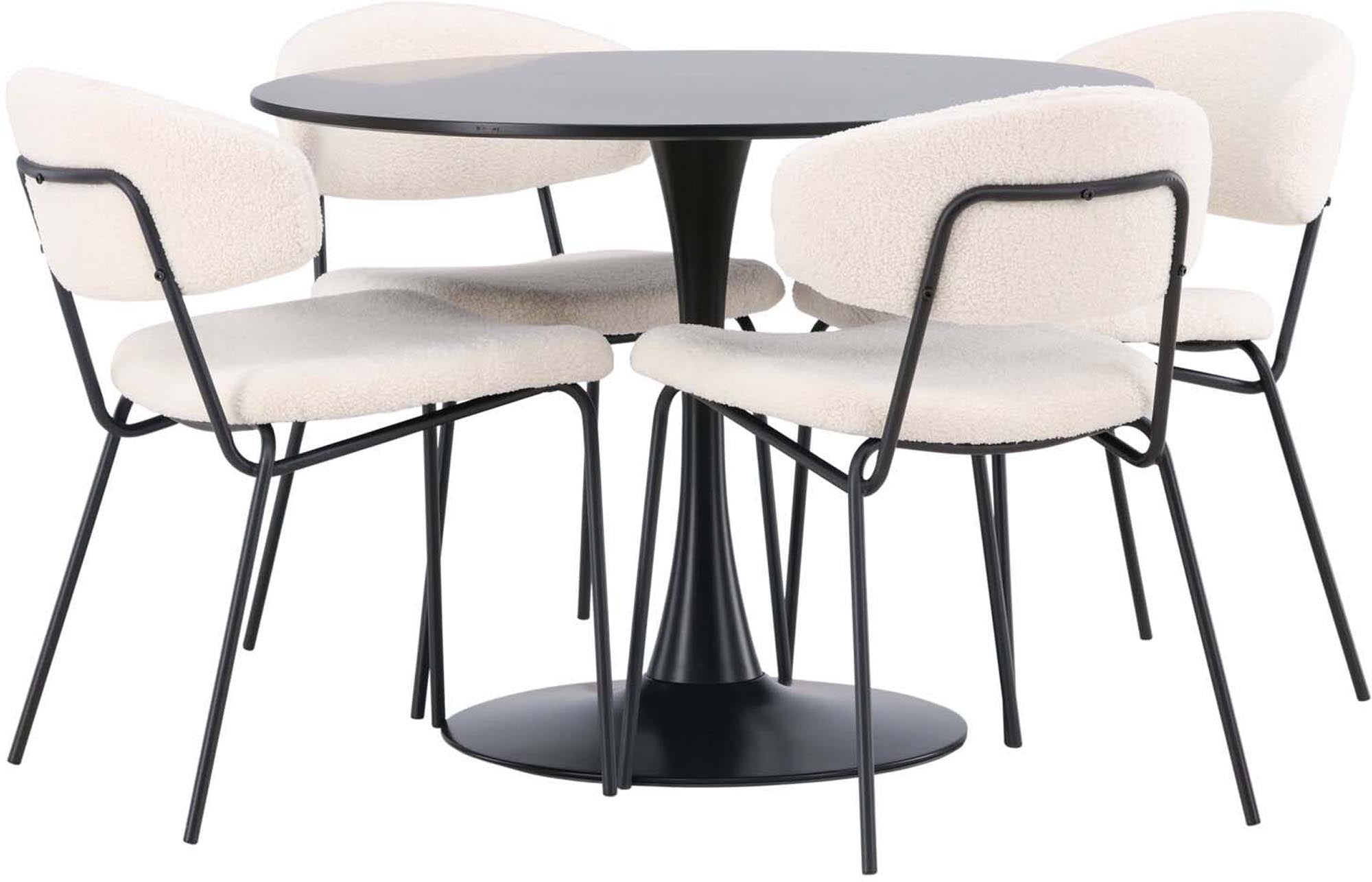 Modernes Glade Esszimmerset mit 100 cm Tisch und 4 komfortablen Chico-Stühlen. Ideal für gesellige Abende und stilvolle Einrichtung.