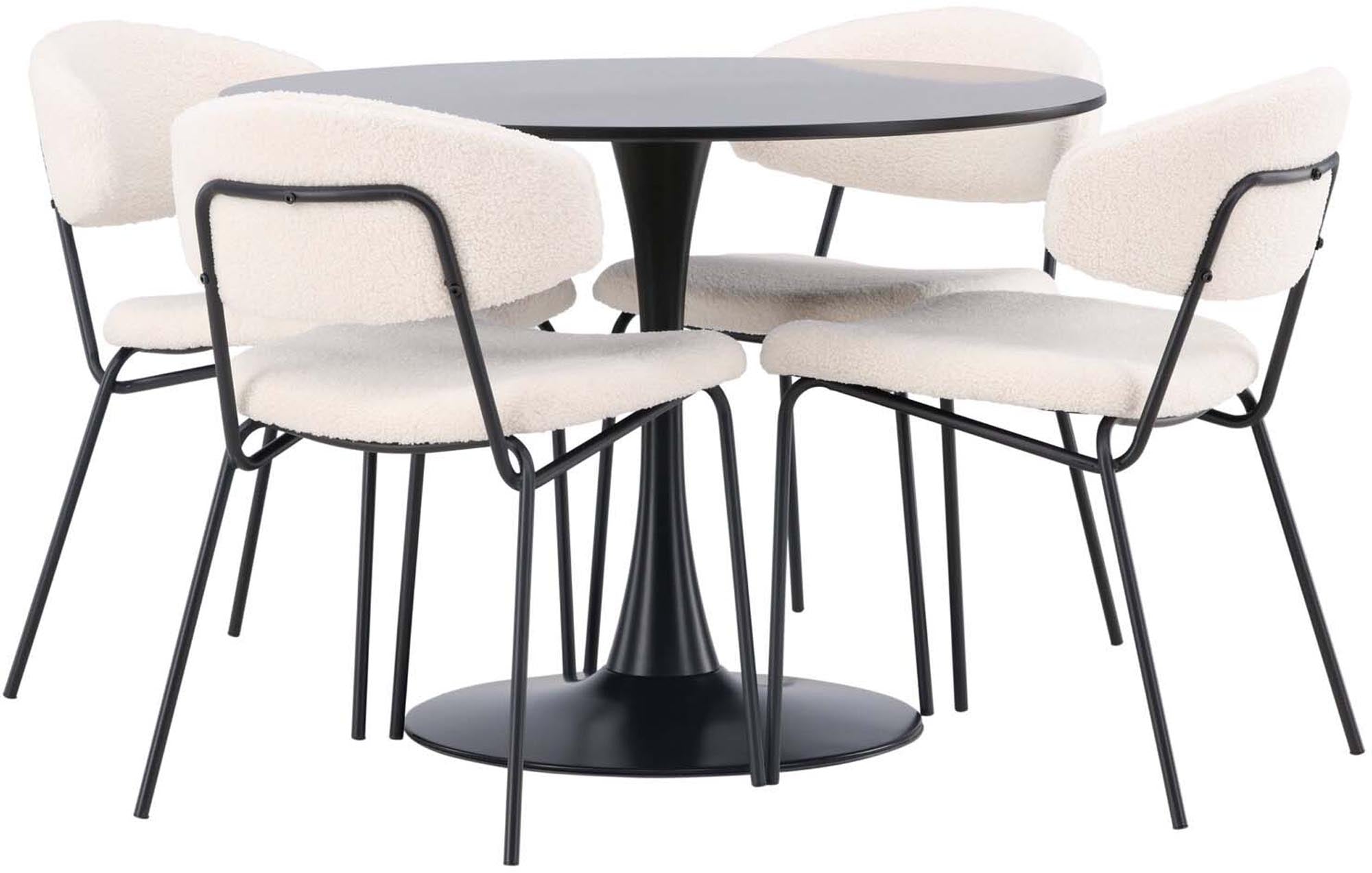Modernes Esszimmerset mit skandinavischem Design: Tisch mit schwarzem Trompetenfuss, 4 Bouclé-Stühle, komfortabel und stilvoll.