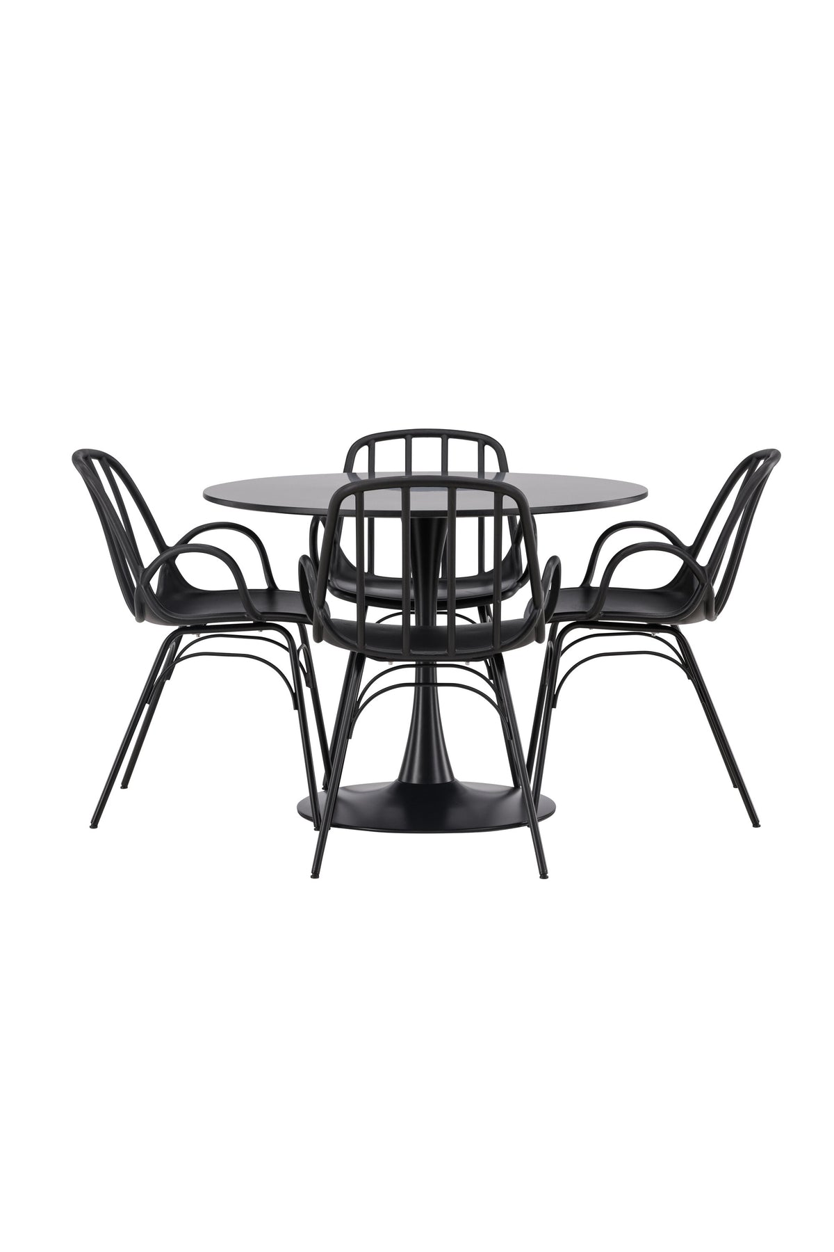 Schwarzes Esszimmerset Glade mit rundem MDF-Tisch und vier Dyrön-Stühlen aus Kunststoff und Stahl, skandinavisches Design.
