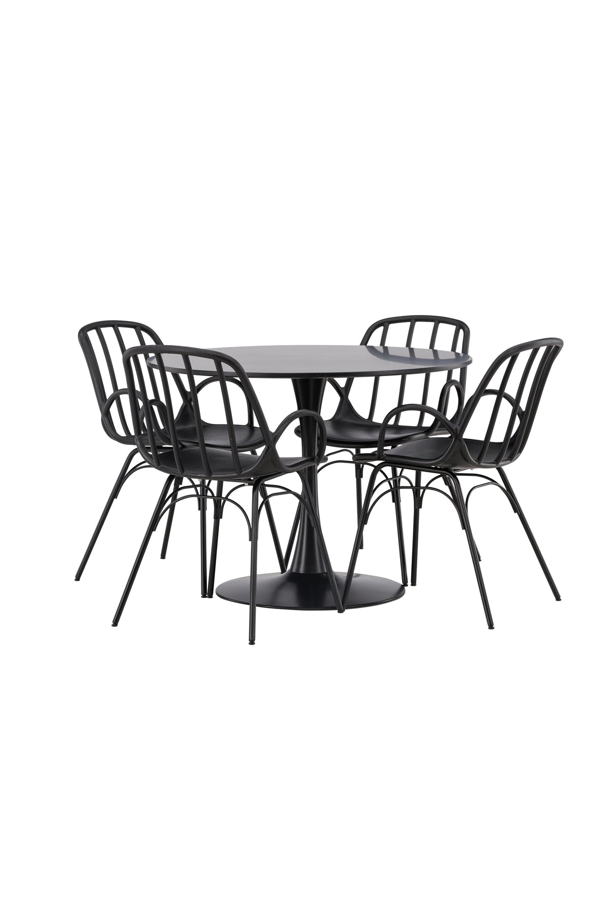 Schwarzes Esszimmerset Glade mit rundem MDF-Tisch und vier Dyrön-Stühlen aus Kunststoff und Stahl, skandinavisches Design.