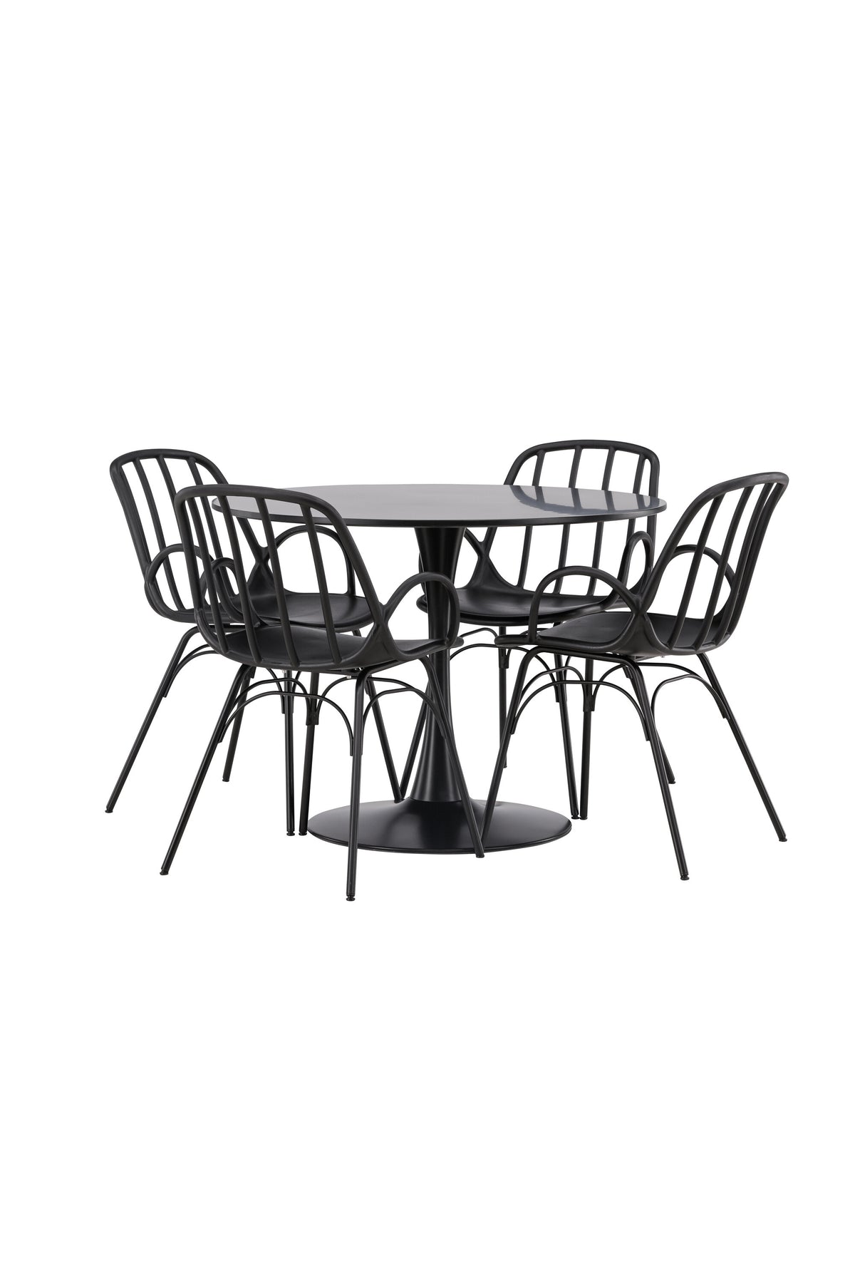 Schwarzes Esszimmerset Glade mit rundem MDF-Tisch und vier Dyrön-Stühlen aus Kunststoff und Stahl, skandinavisches Design.