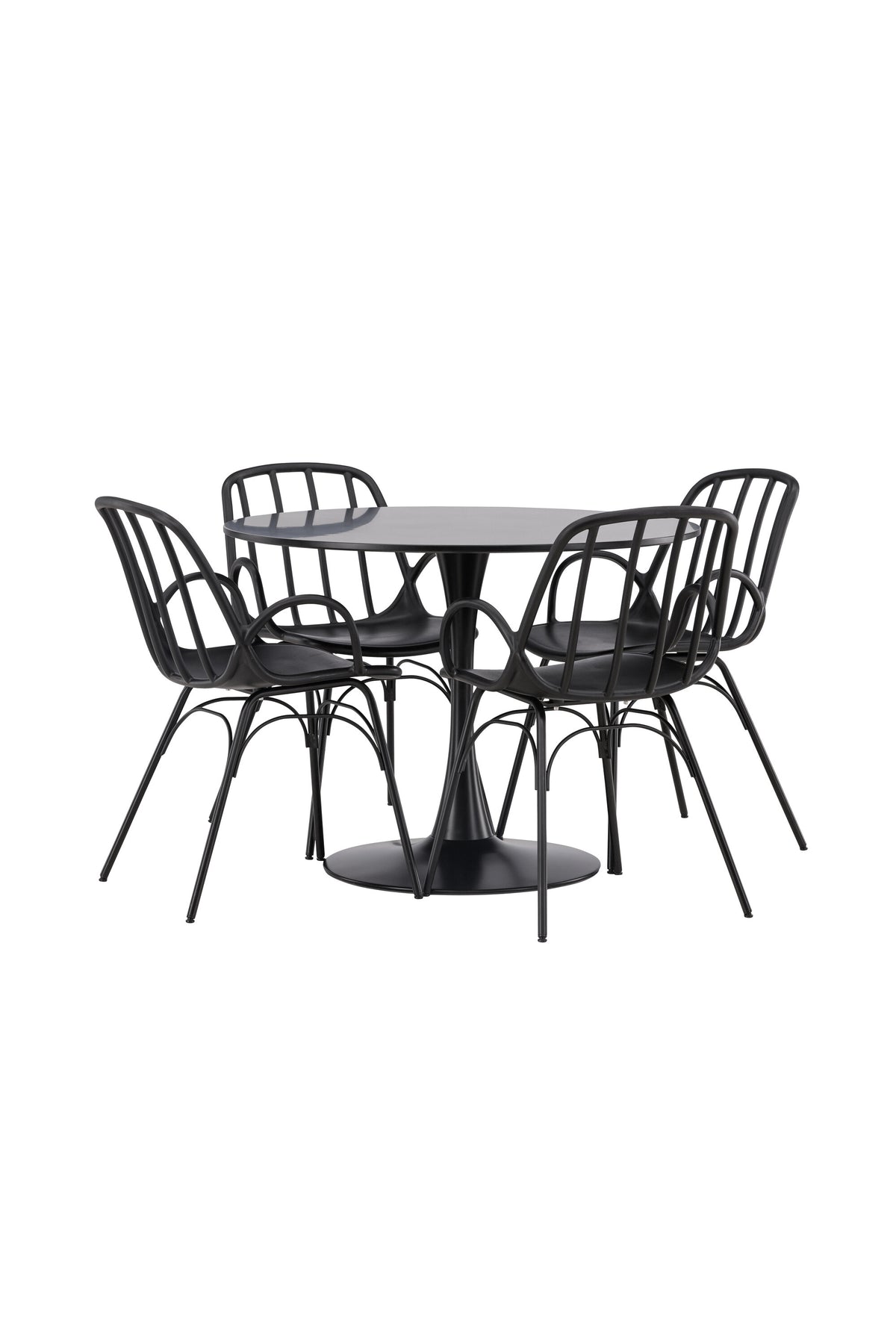 Schwarzes Esszimmerset Glade mit rundem MDF-Tisch und vier Dyrön-Stühlen aus Kunststoff und Stahl, skandinavisches Design.