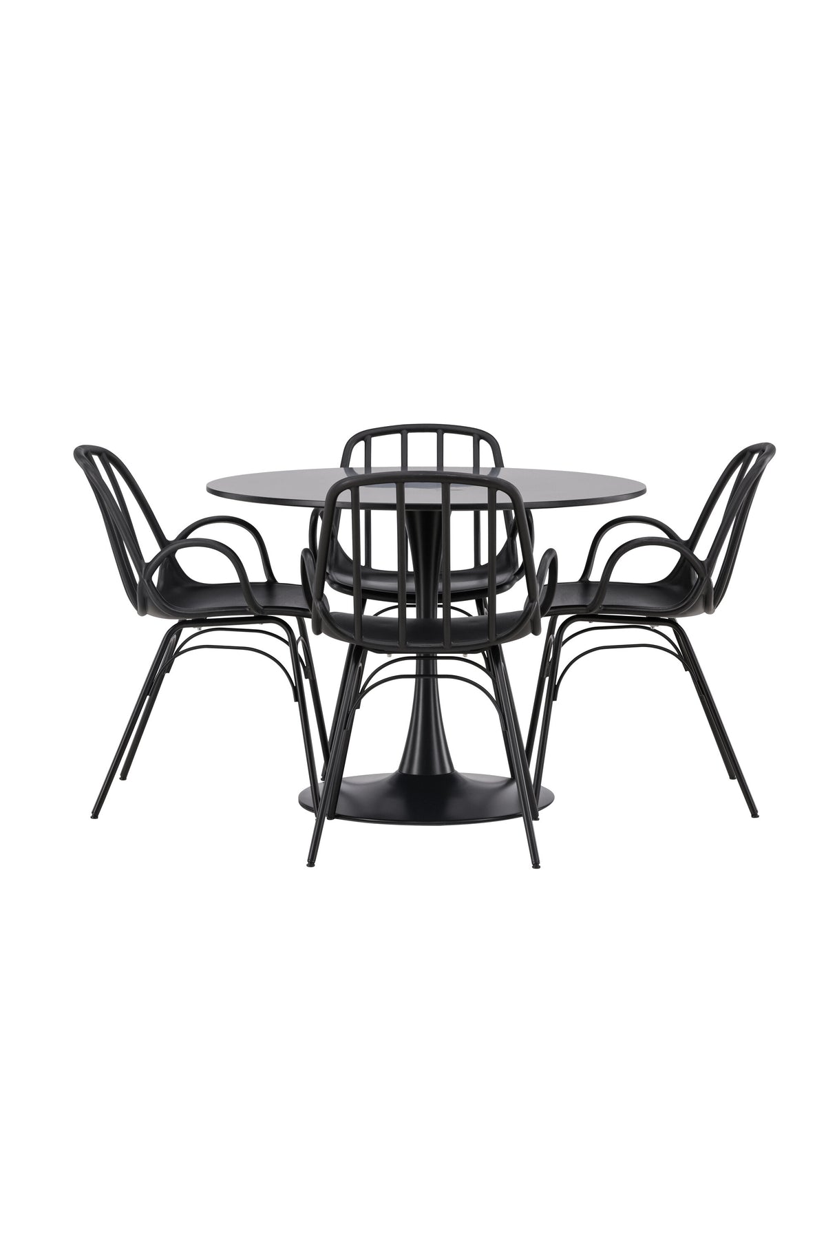Schwarzes Esszimmerset Glade mit rundem MDF-Tisch und vier Dyrön-Stühlen aus Kunststoff und Stahl, skandinavisches Design.