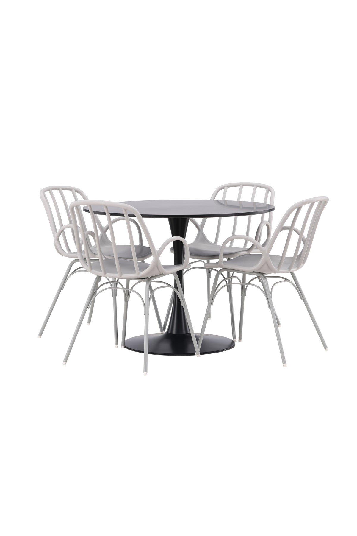 Schwarzes Esszimmerset Glade mit rundem MDF-Tisch und vier Dyrön-Stühlen aus Kunststoff und Stahl, skandinavisches Design.