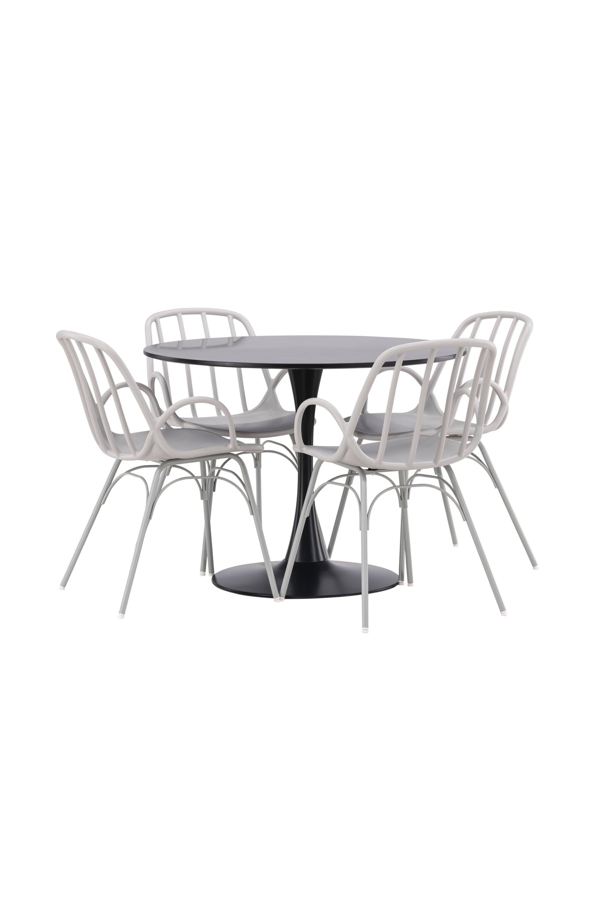Schwarzes Esszimmerset Glade mit rundem MDF-Tisch und vier Dyrön-Stühlen aus Kunststoff und Stahl, skandinavisches Design.