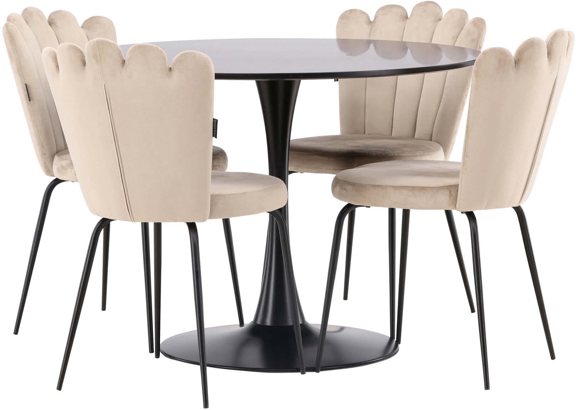 Stilvolles Esszimmerset Glade + Limhamn: 100 cm Tisch und 4 bequeme Stühle im skandinavischen Design für ein modernes Ambiente.