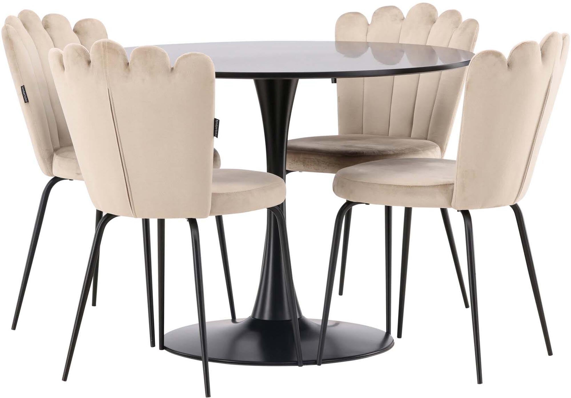 Stilvolles Glade Esszimmerset: Skandinavischer Tisch ⌀100cm, schwarze MDF-Platte, Limhamn-Stühle mit beigem Samtbezug.