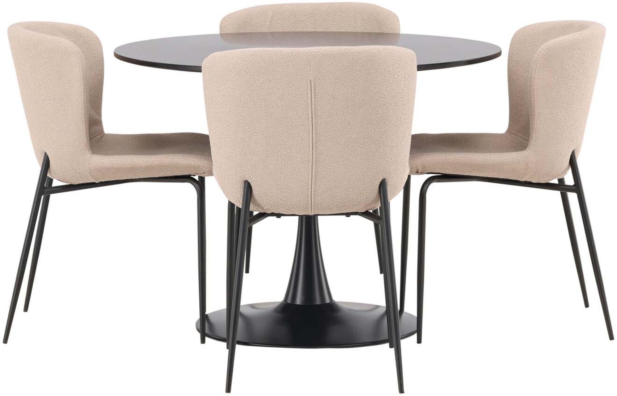 Elegantes Glade Esszimmerset: Skandinavisches Design, runder Tisch mit schwarzem Stahlfuss, graue Stühle, komfortabel für 4 Personen.