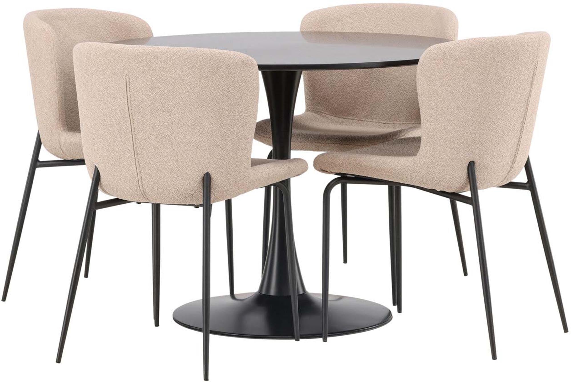 Elegantes Glade Esszimmerset: Skandinavisches Design, runder Tisch mit schwarzem Stahlfuss, graue Stühle, komfortabel für 4 Personen.