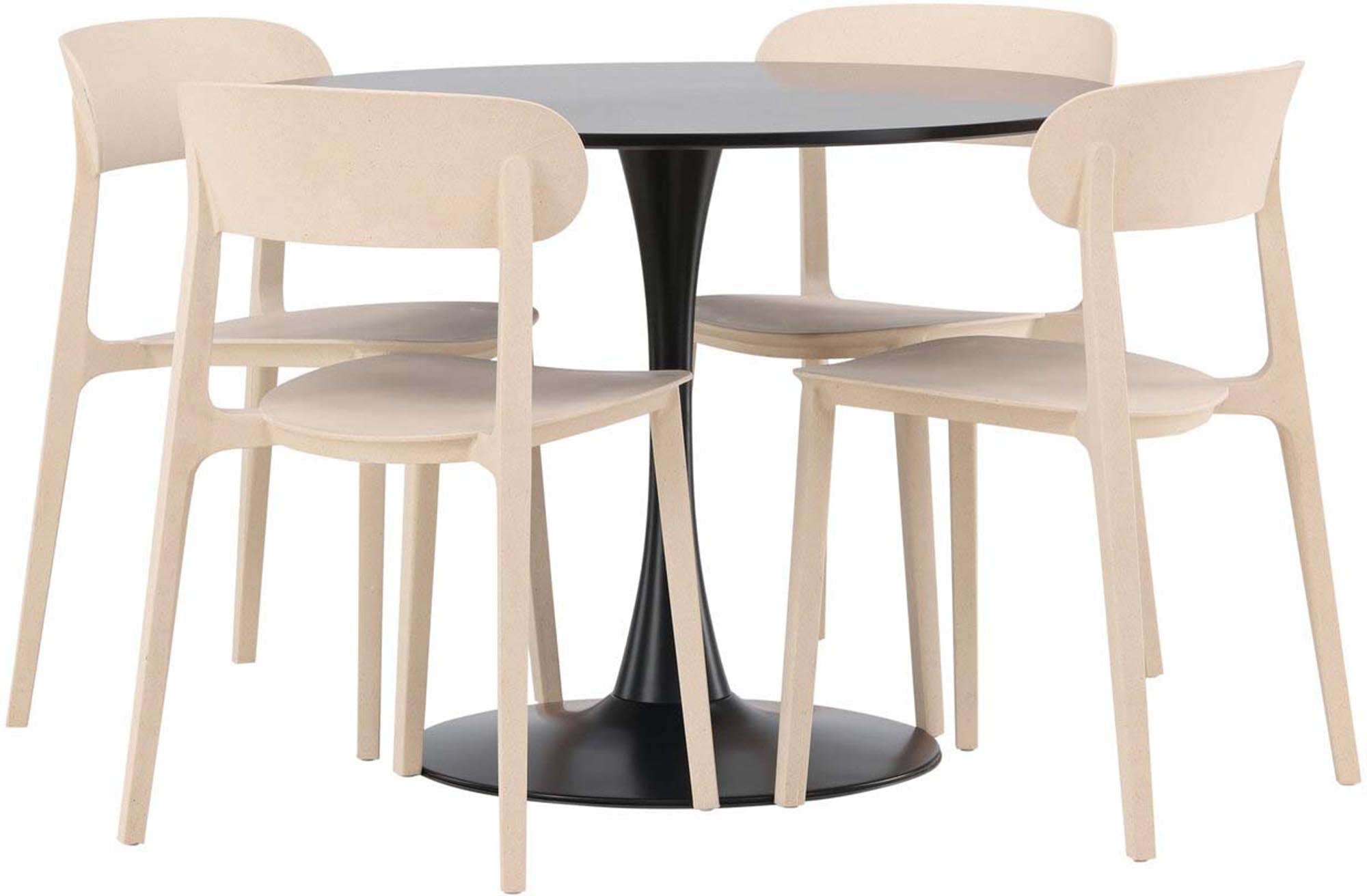 Elegantes Glade Esszimmerset: runder Tisch (⌀100cm) mit robustem MDF, 4 Åstol-Stühle im skandinavischen Design.