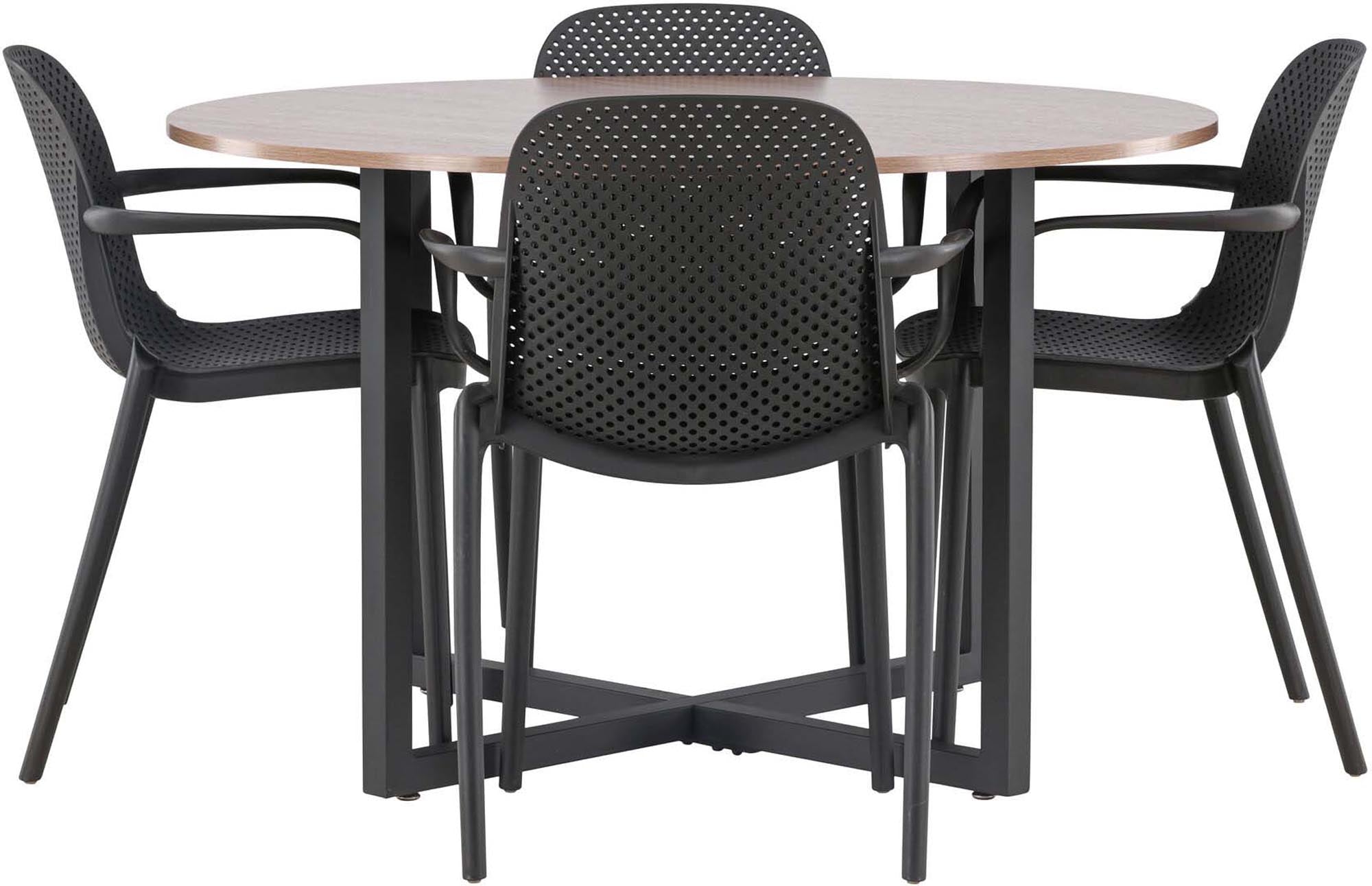 Modernes Esszimmerset: Walnuss-Tisch mit Stahlbeinen, 4 bequeme Kunststoffstühle. Stilvoll, funktional, ideal für gesellige Runden.