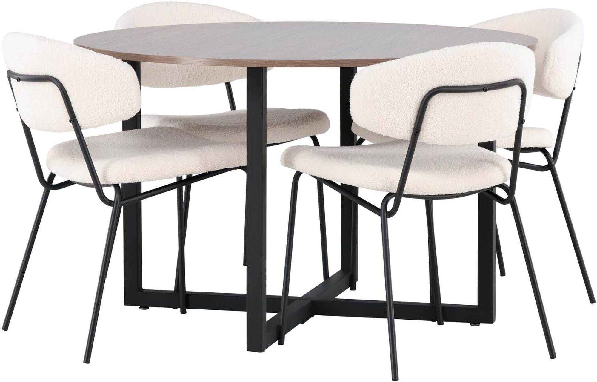 Elegantes Durango Esszimmerset: Runder Tisch in Walnuss, 4 stilvolle Bouclé-Stühle, perfektes Ambiente für gesellige Abende.