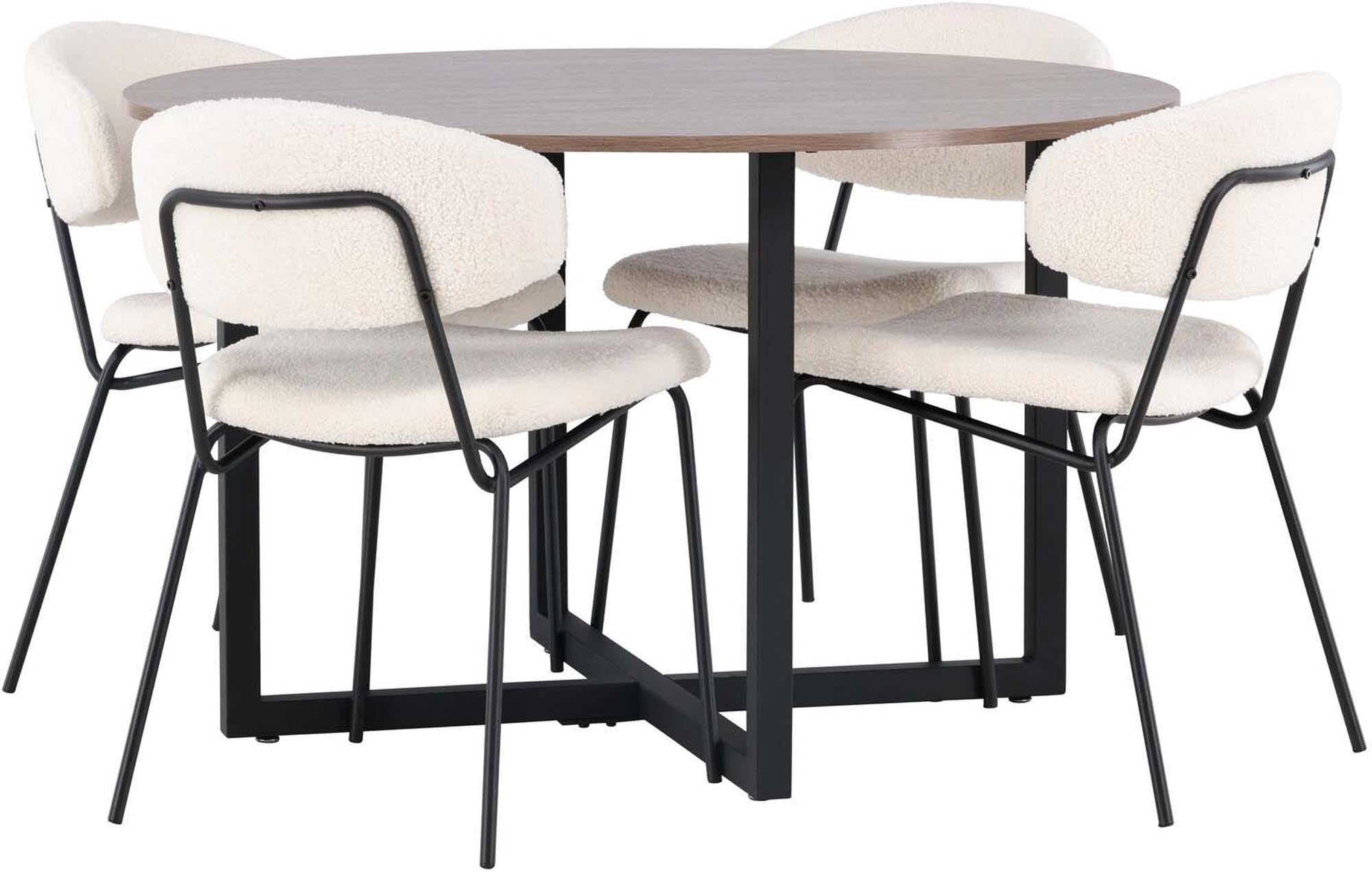 Stilvolles Esszimmerset Durango + Chico: runder Tisch und elegante Stühle für gesellige Momente und modernes Ambiente.