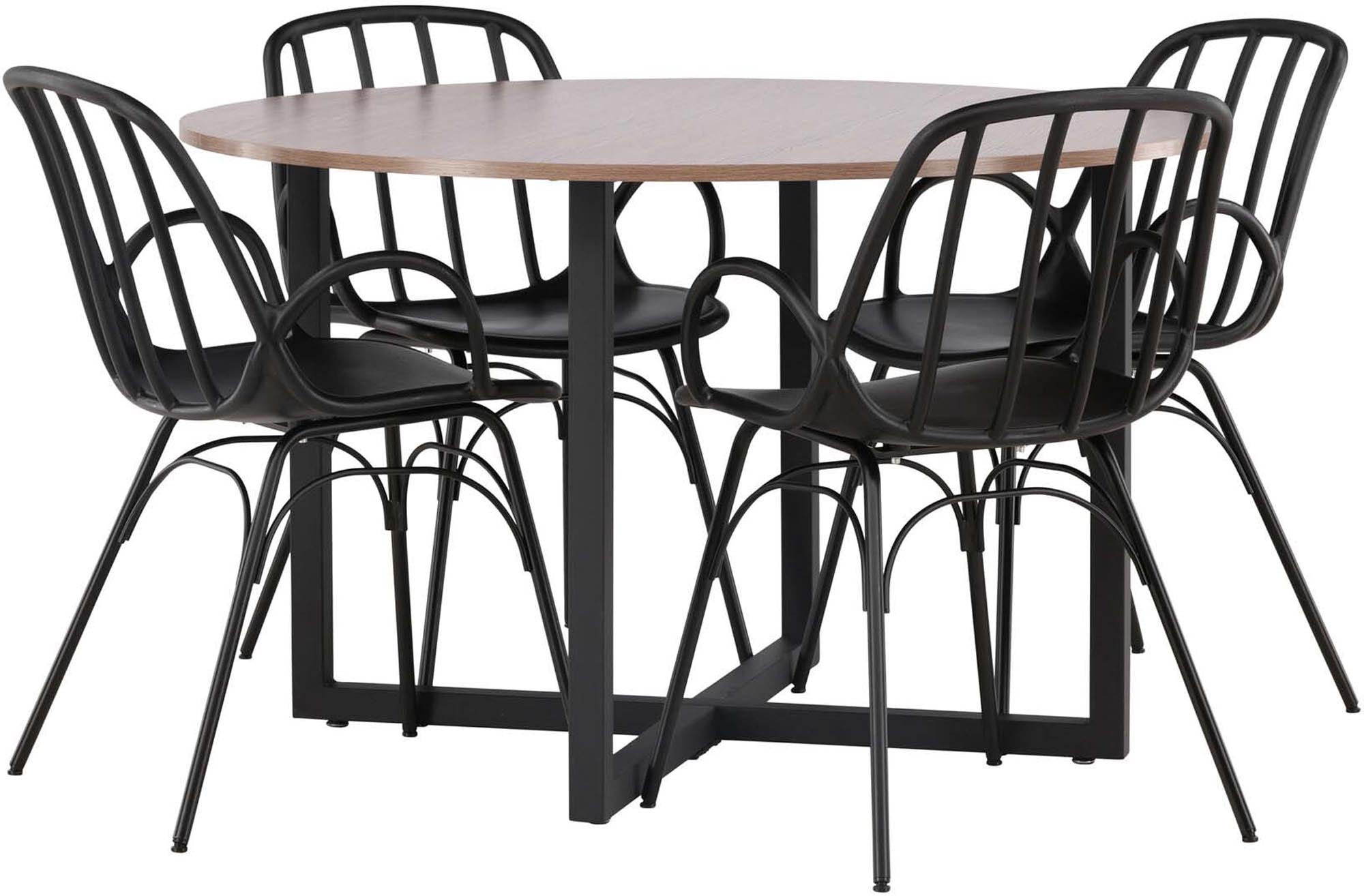 Elegantes Durango Esszimmerset mit runden Tisch (120 cm) und 4 komfortablen Dyrön Stühlen. Ideal für stilvolle Essbereiche.