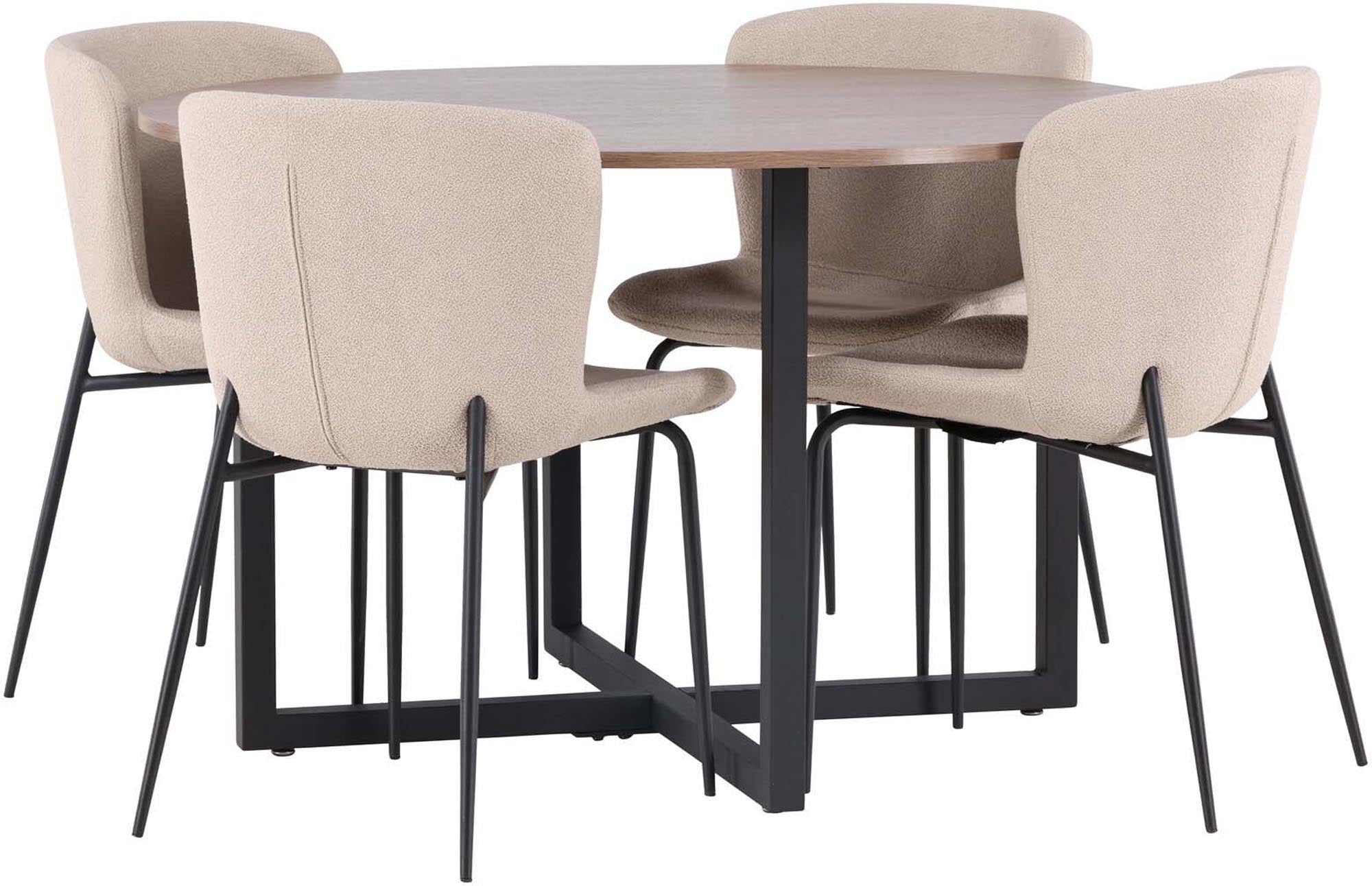 Stilvolles Durango Esszimmerset: Walnuss-Tisch, schwarze Stahlbeine, bequeme Modesto-Stühle in Beige. Perfekt für 4 Personen.