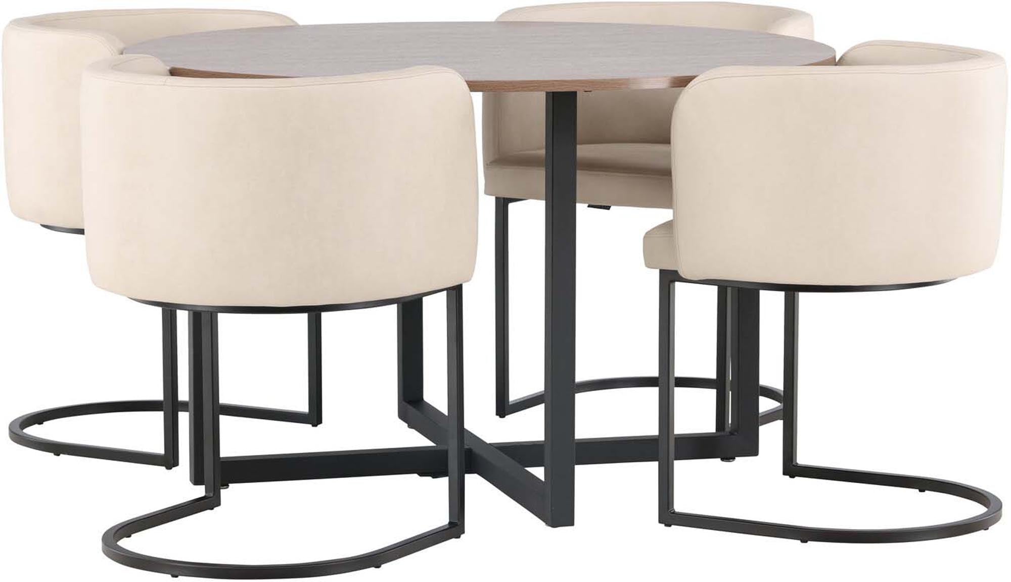 Elegantes Esszimmerset mit runder Walnusstischplatte und bequemen, gepolsterten Stühlen. Perfekt für gesellige Abende und kleine Räume.