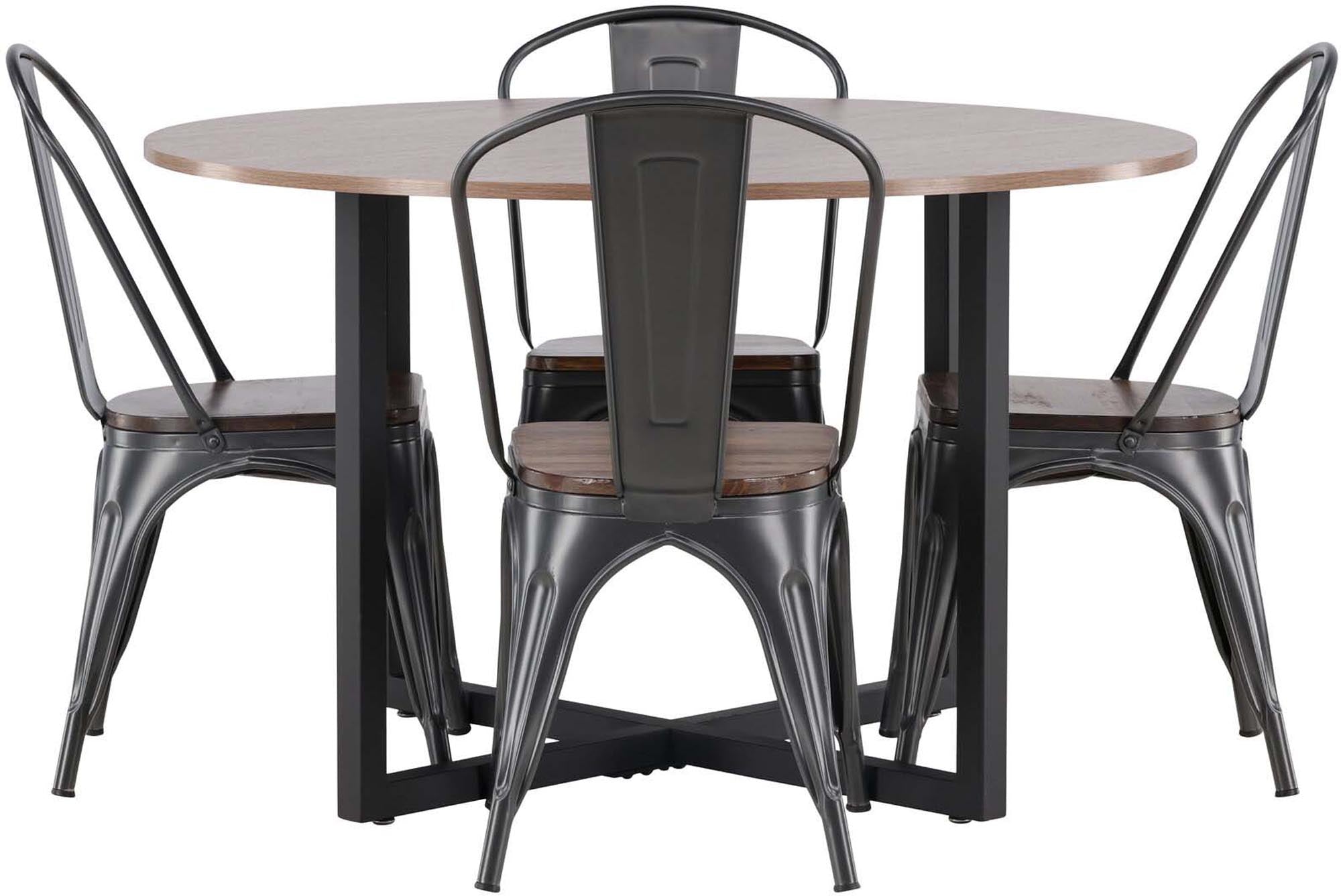 Stilvolles Esszimmerset mit Walnuss-Tisch und rustikalen Stühlen für moderne Eleganz.