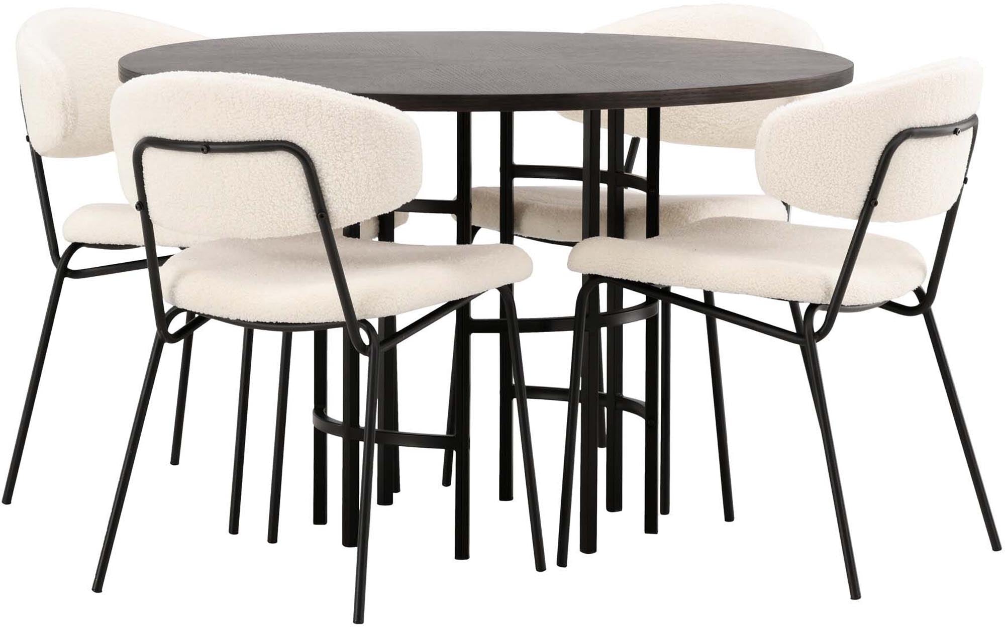 Modernes Esszimmerset mit runden Tisch und eleganten Stühlen. Ideal für gesellige Abende und stilvolle Einrichtung.