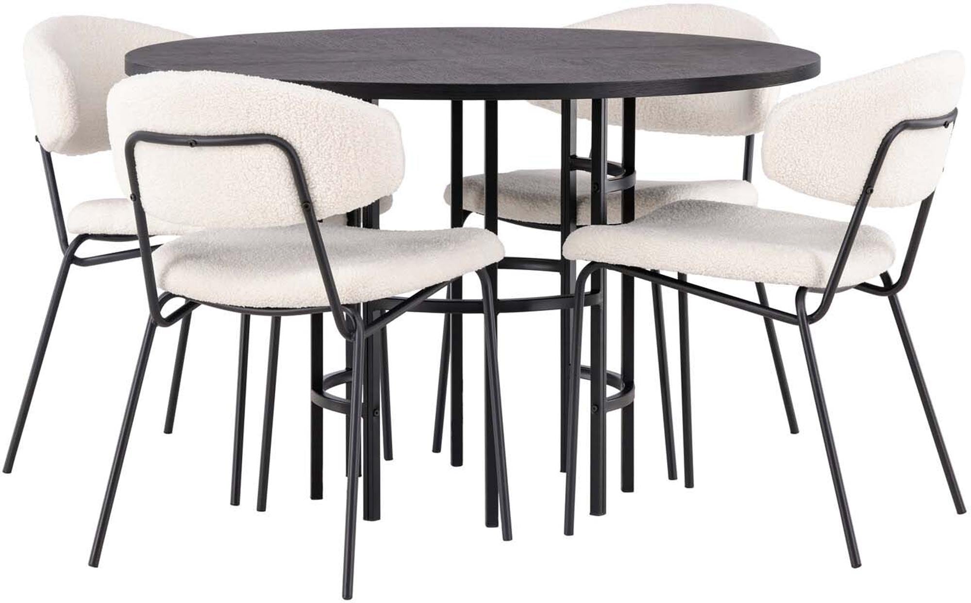 Modernes Esszimmerset mit rundem Tisch (⌀115cm) und 4 Stühlen. Schwarzes MDF, Stahl, weisser Bouclé-Stoff. Stilvoll und komfortabel.