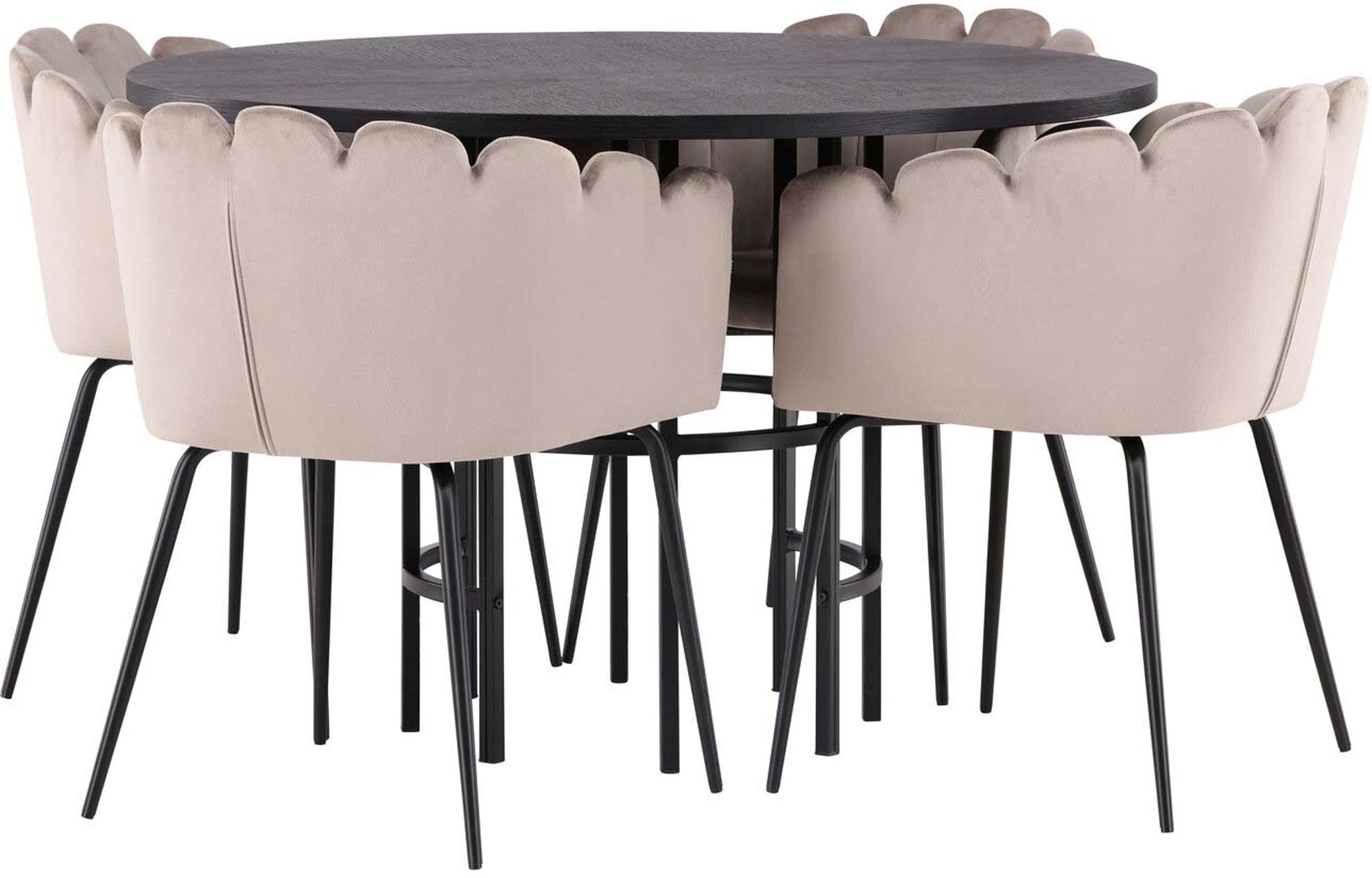 Elegantes Esszimmerset mit rundem Tisch und 4 stilvollen Samtstühlen, ideal für gesellige Abende.