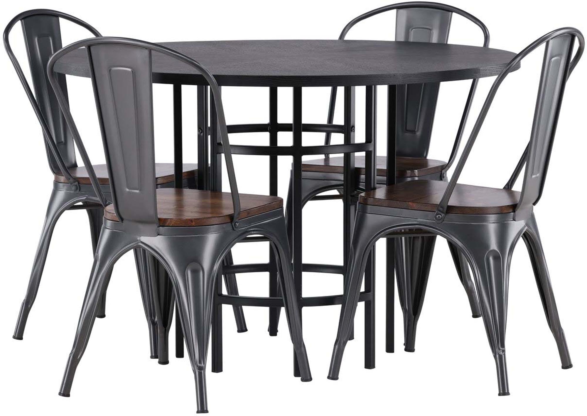 Stylisches Esszimmerset mit runden Tisch (⌀115cm) aus pflegeleichtem MDF und stabiler Metallbasis, ergänzt durch 4 bequeme Stühle aus Holz und Stahl.