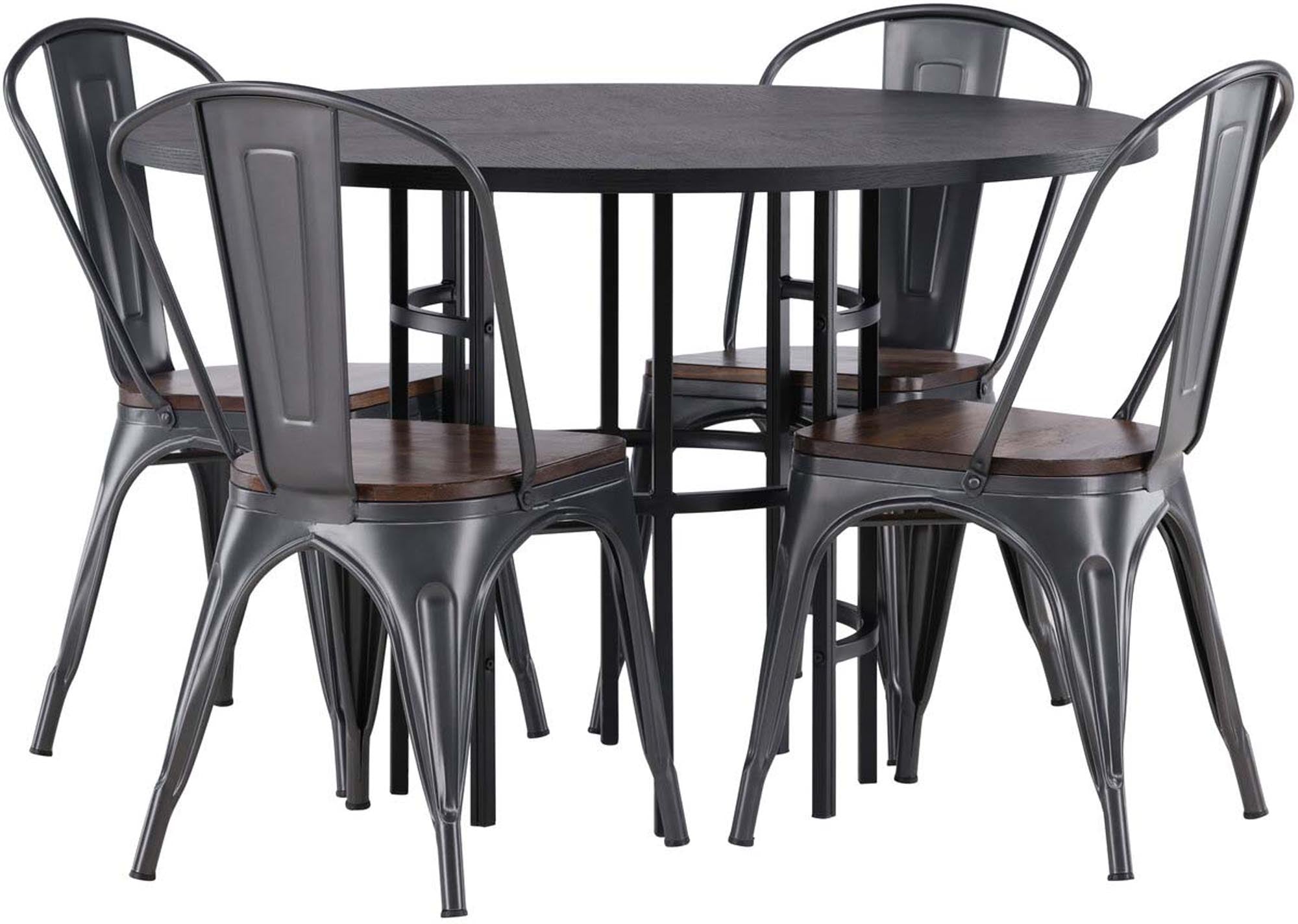 Modernes Esszimmerset mit elegantem runden Tisch (⌀115cm) aus MDF und robusten Metallbeinen, inklusive 4 komfortablen Stühlen für gesellige Abende.