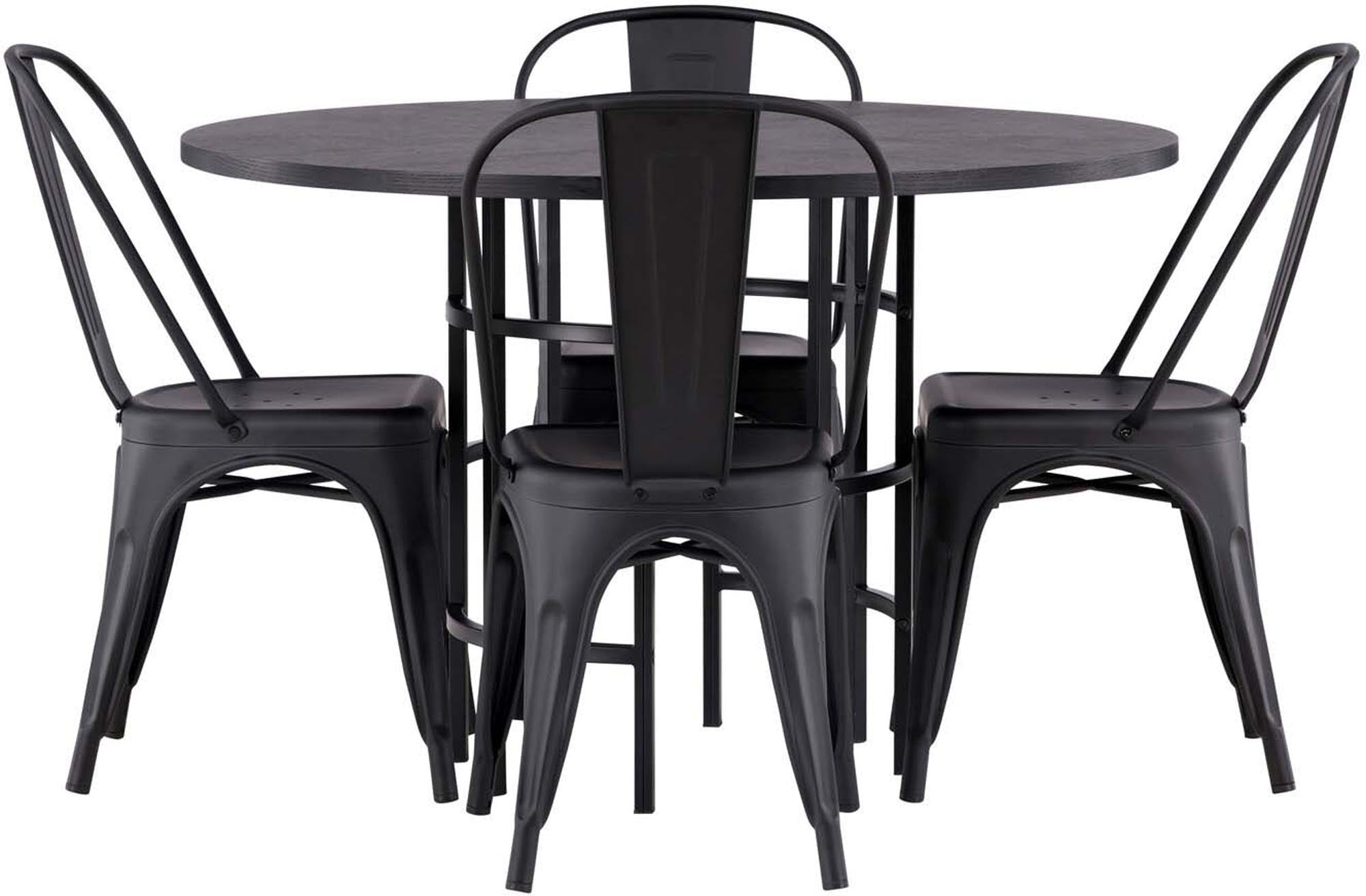 Elegantes Esszimmerset mit runder Tischplatte und komfortablen Stühlen. Perfekt für stilvolle Essbereiche und gesellige Zusammenkünfte.