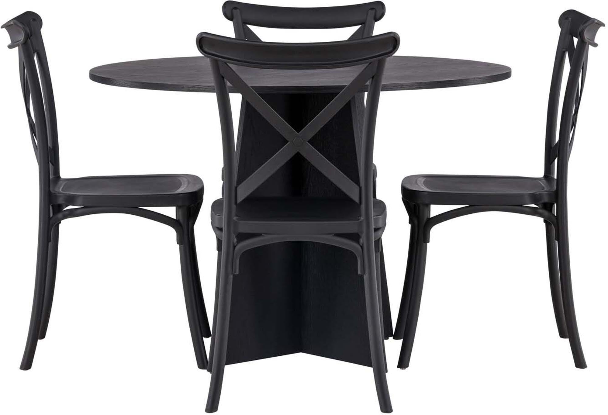 Entdecken Sie das Bootcut Esszimmerset + Crosett von Venture Home: eleganter runder Esstisch und pflegeleichte Stühle für stilvolle Esszimmer.