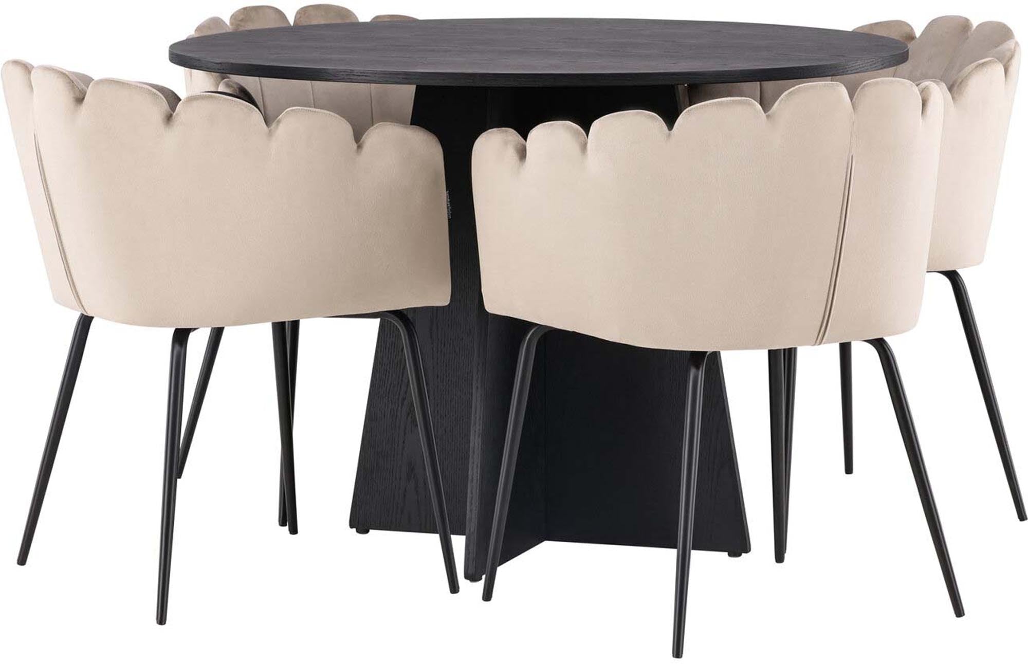 Stilvolles Bootcut Esszimmerset mit runden Limhamn Tisch (Ø110cm) und 4 eleganten Stühlen. Perfekt für gesellige Runden und modernes Ambiente.