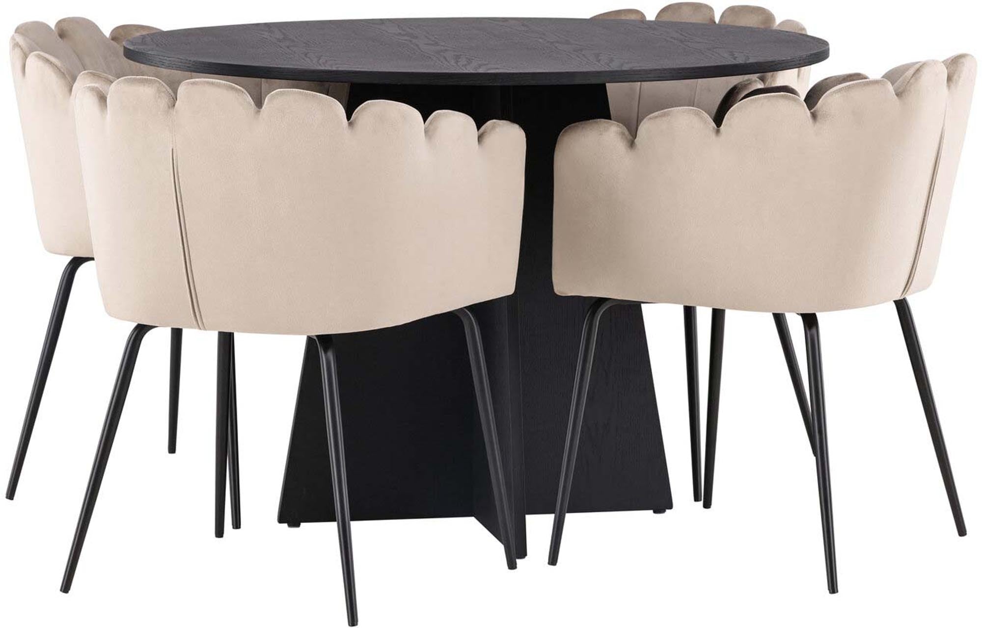 Elegantes Bootcut Esszimmerset mit runden Limhamn Tisch (Ø110cm) und 4 stilvollen Stühlen für gesellige Essmomente.