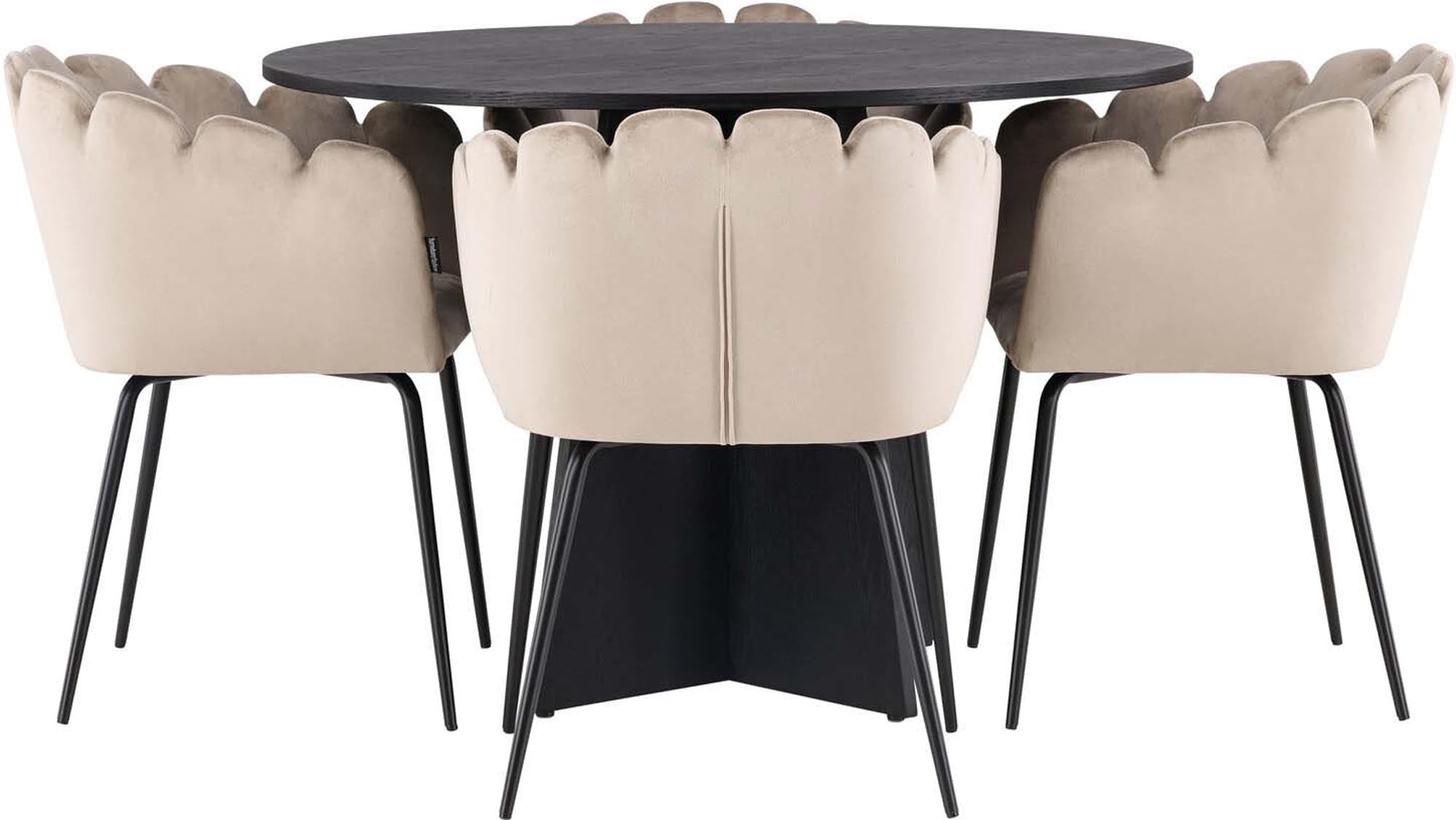 Elegantes Esszimmerset mit rundem Tisch (⌀110cm) und 4 bequemen Samtstühlen, ideal für stilvolle Dinner.