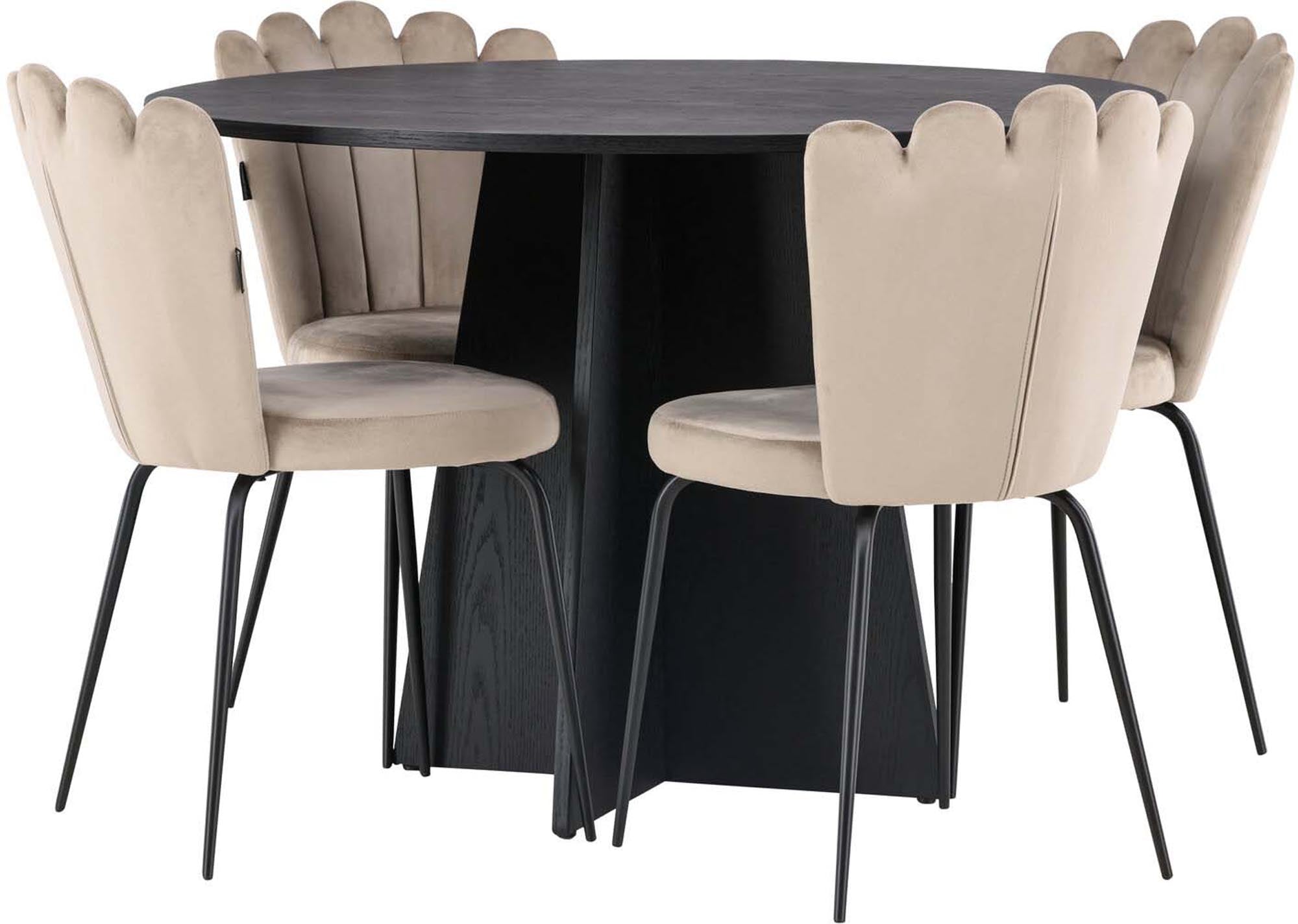 Stilvolles Bootcut Esszimmerset mit Limhamn Light: runder Tisch (⌀110cm) und 4 elegante Stühle für ein modernes Esszimmer.